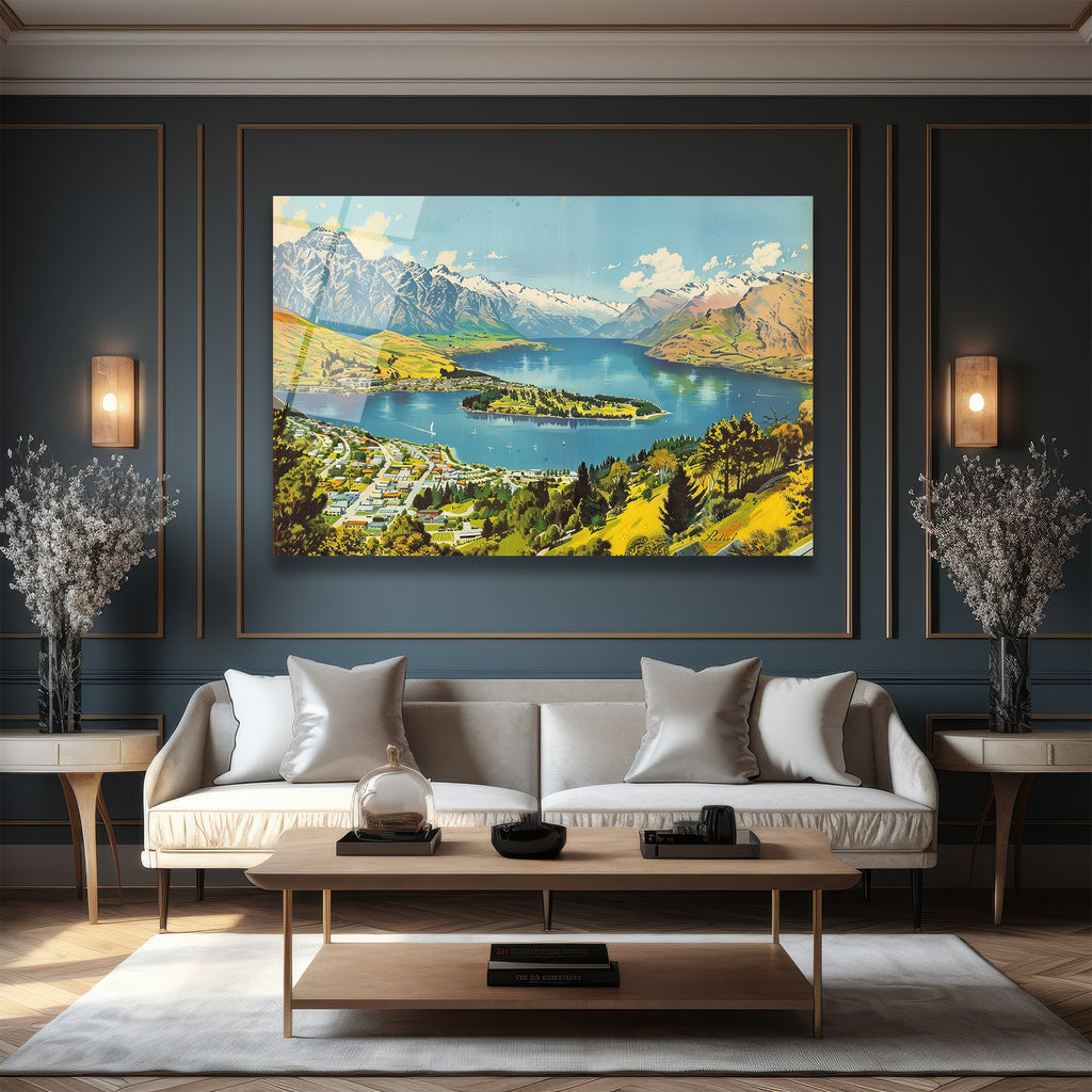 Queenstown Manzarası Cam Tablo - Karlı Dağlar ve Huzurlu Göl