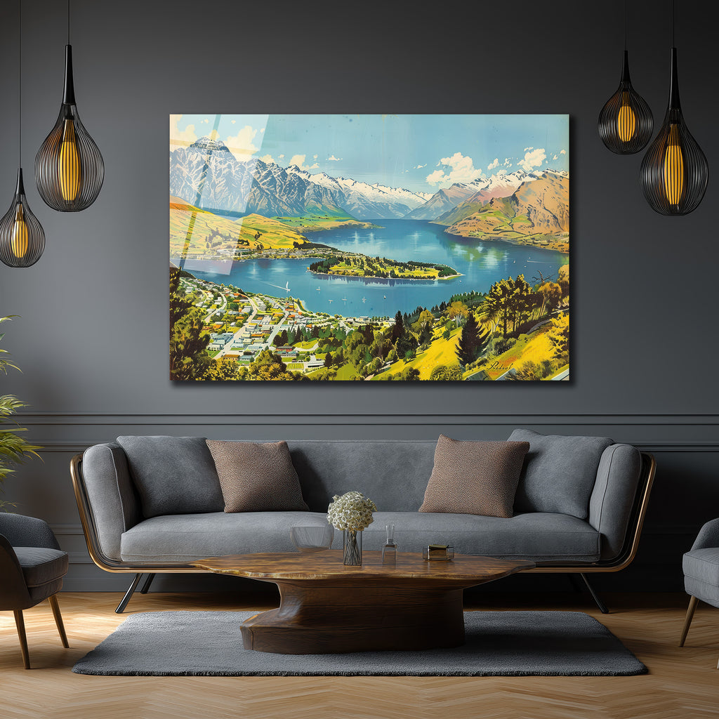 Queenstown Manzarası Cam Tablo - Karlı Dağlar ve Huzurlu Göl