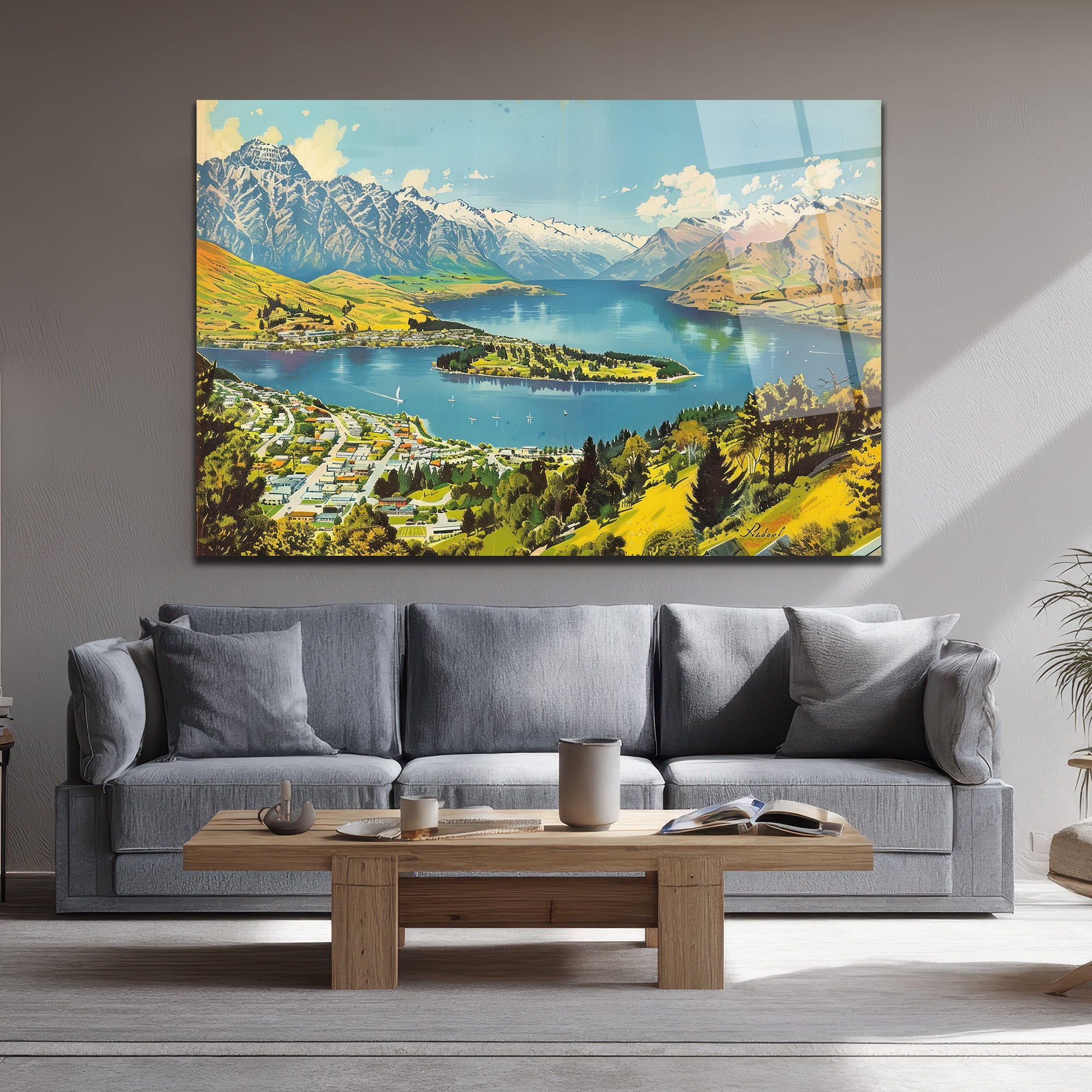 Queenstown Manzarası Cam Tablo - Karlı Dağlar ve Huzurlu Göl