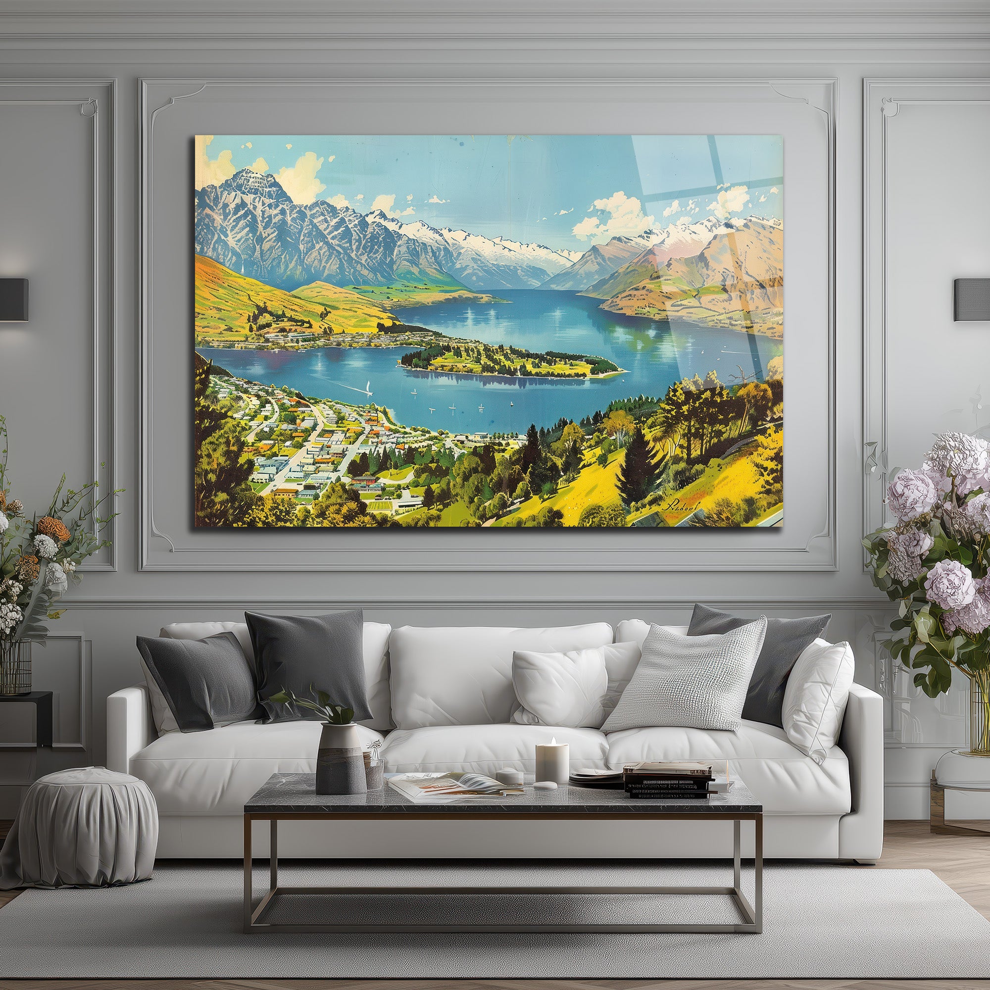 Queenstown Manzarası Cam Tablo - Karlı Dağlar ve Huzurlu Göl
