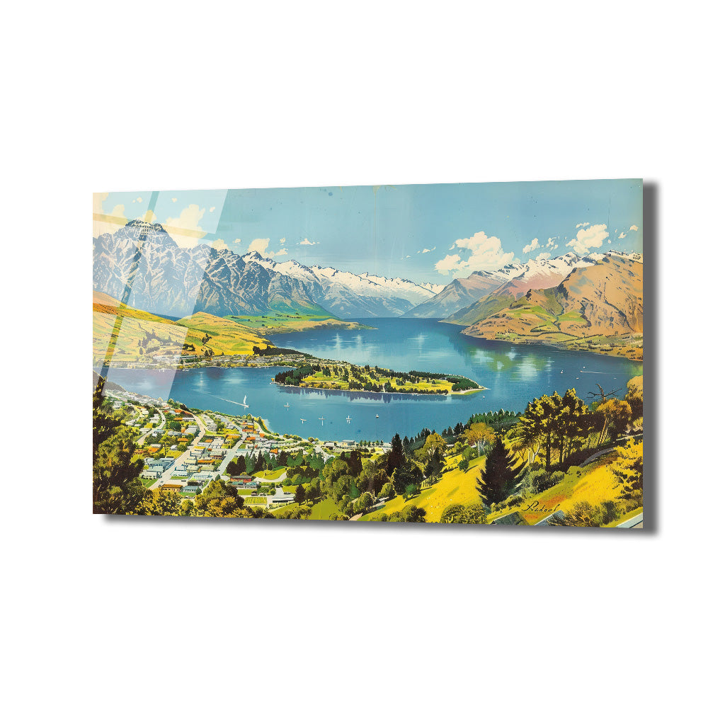 Yeni Zelanda'daki Queenstown şehrinin ve Wakatipu Gölü'nün karla kaplı dağlar, yeşil tepeler ve kasaba evleriyle çevrili, vintage tarzda resmedilmiş geniş açılı bir manzarası.