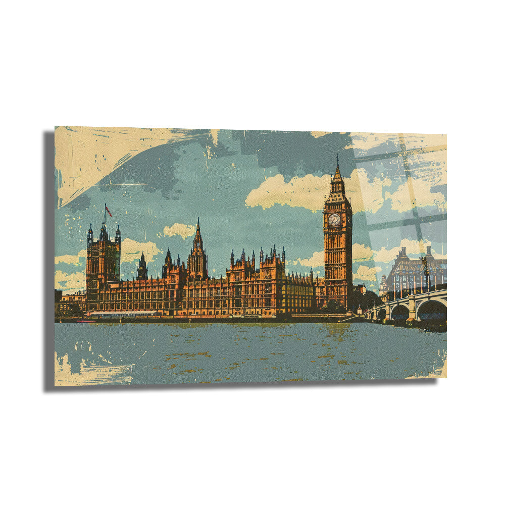 Vintage Londra Big Ben Manzarası Cam Tablo