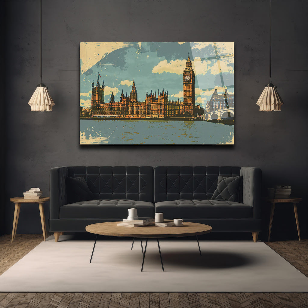Vintage Londra Big Ben Manzarası Cam Tablo