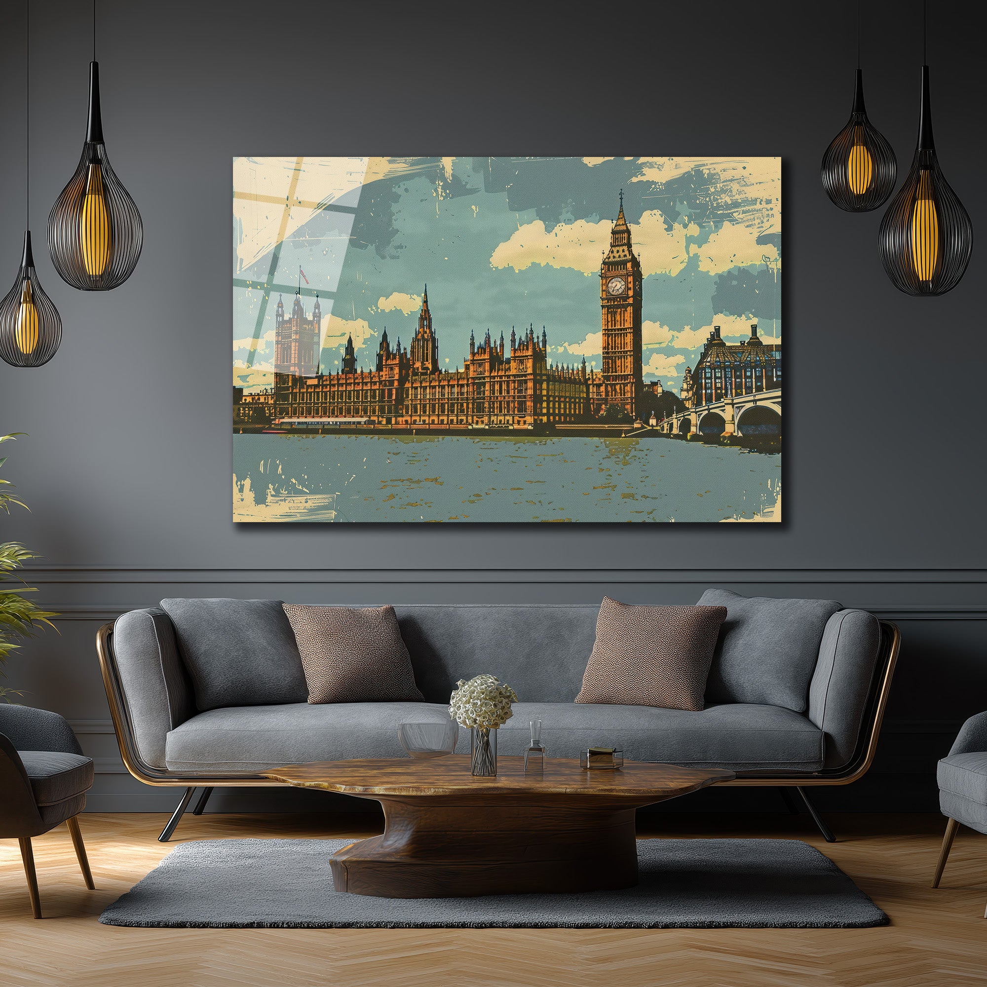 Vintage Londra Big Ben Manzarası Cam Tablo
