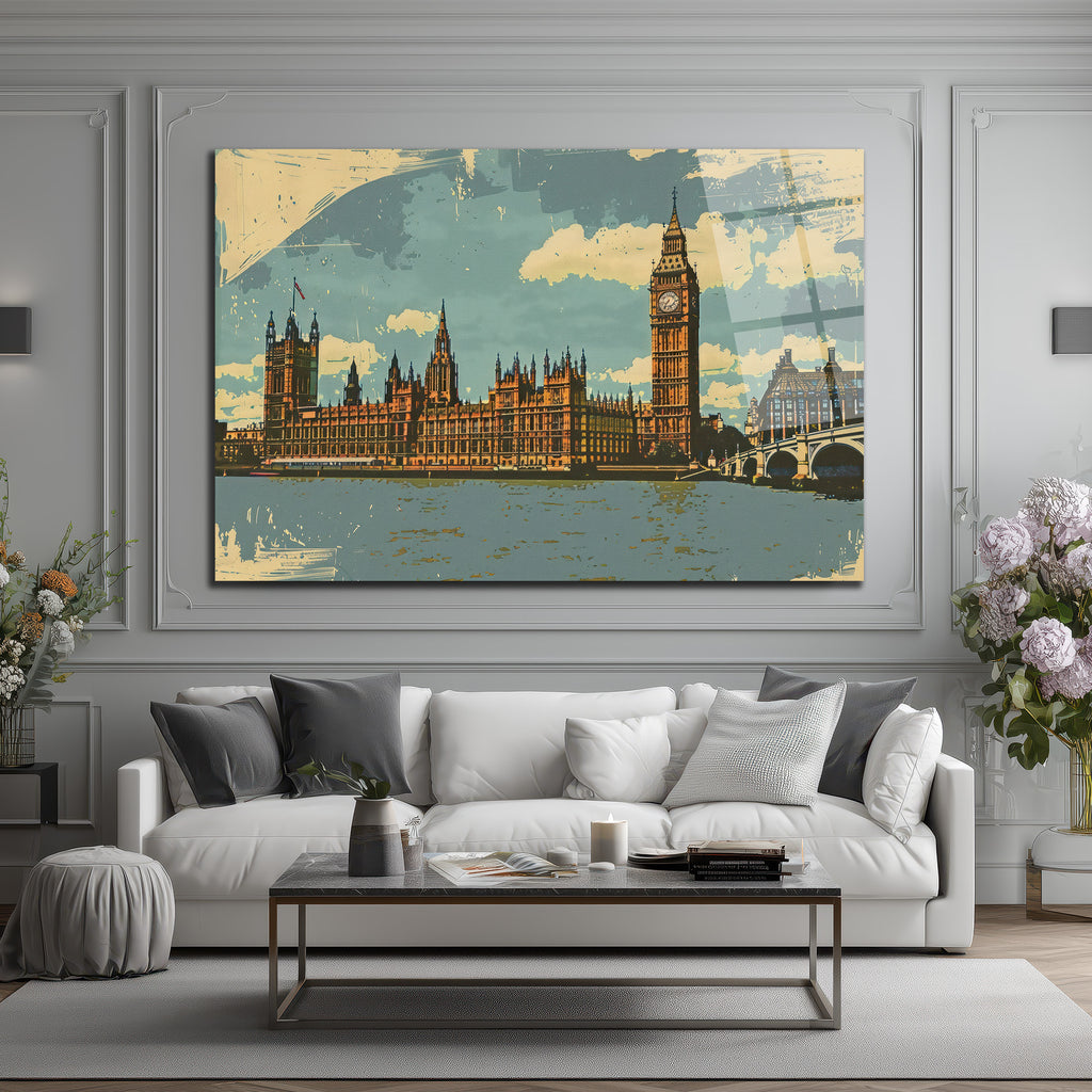 Vintage Londra Big Ben Manzarası Cam Tablo