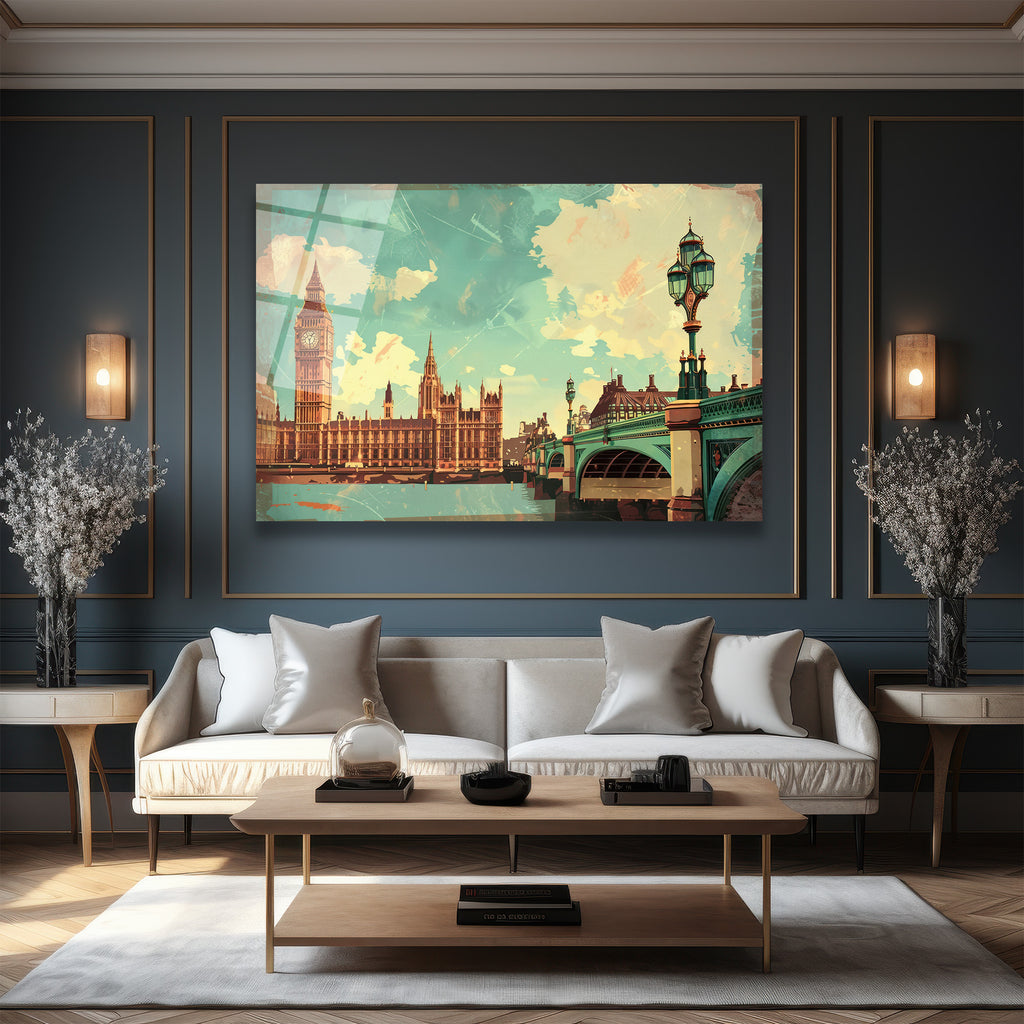 Vintage Londra Manzarası Cam Tablo - Big Ben ve Westminster Köprüsü