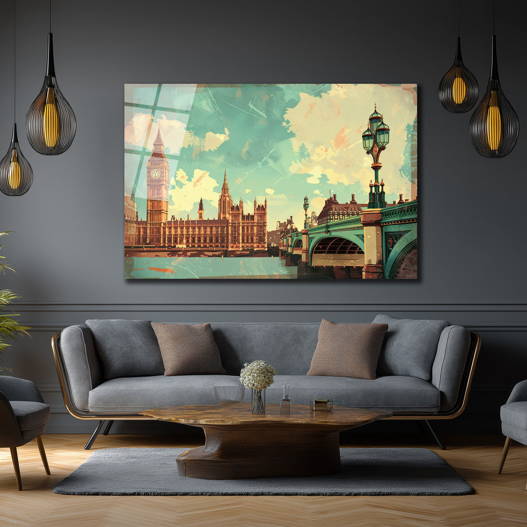Vintage Londra Manzarası Cam Tablo - Big Ben ve Westminster Köprüsü