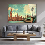 Vintage Londra Manzarası Cam Tablo - Big Ben ve Westminster Köprüsü