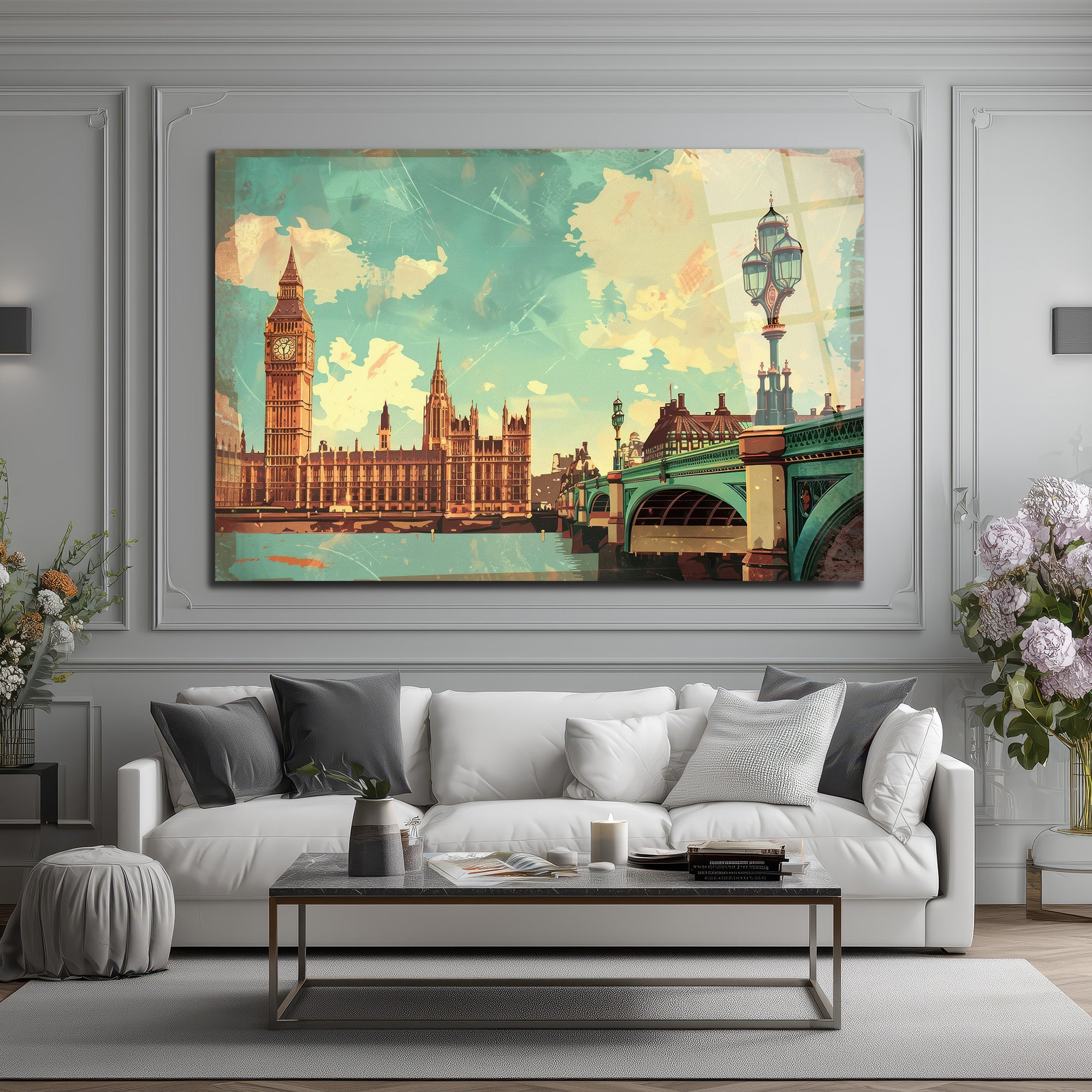 Vintage Londra Manzarası Cam Tablo - Big Ben ve Westminster Köprüsü