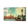 Vintage tarzda çizilmiş, Big Ben saat kulesi ve Parlamento Binası'nın Westminster Köprüsü üzerinden Thames Nehri kenarında göründüğü, nostaljik bir Londra şehir manzarası cam tablo.