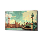 Vintage tarzda çizilmiş, Big Ben saat kulesi ve Parlamento Binası'nın Westminster Köprüsü üzerinden Thames Nehri kenarında göründüğü, nostaljik bir Londra şehir manzarası cam tablo.