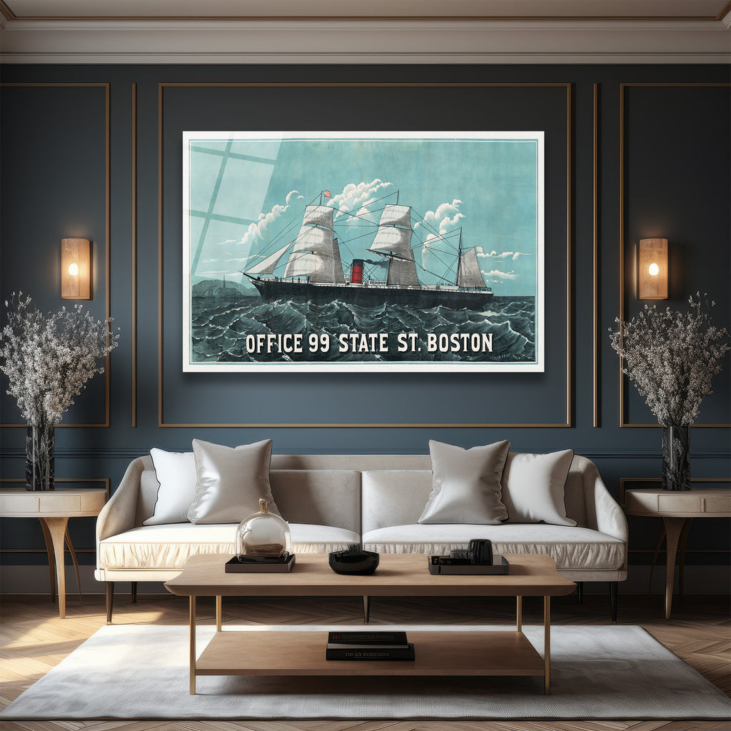 Boston Denizcilik Ruhunu Yansıtan Vintage Gemi Cam Tablo