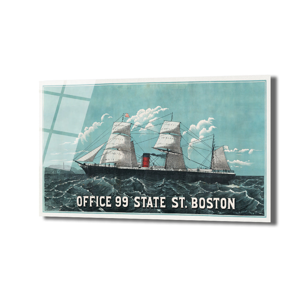 Dalgalı denizde ilerleyen, yelkenleri açık ve buharlı bacaları olan eski bir geminin mavi tonlarında vintage illüstrasyonu. Alt kısmında 'OFFICE 99 STATE ST. BOSTON' yazısı bulunuyor.