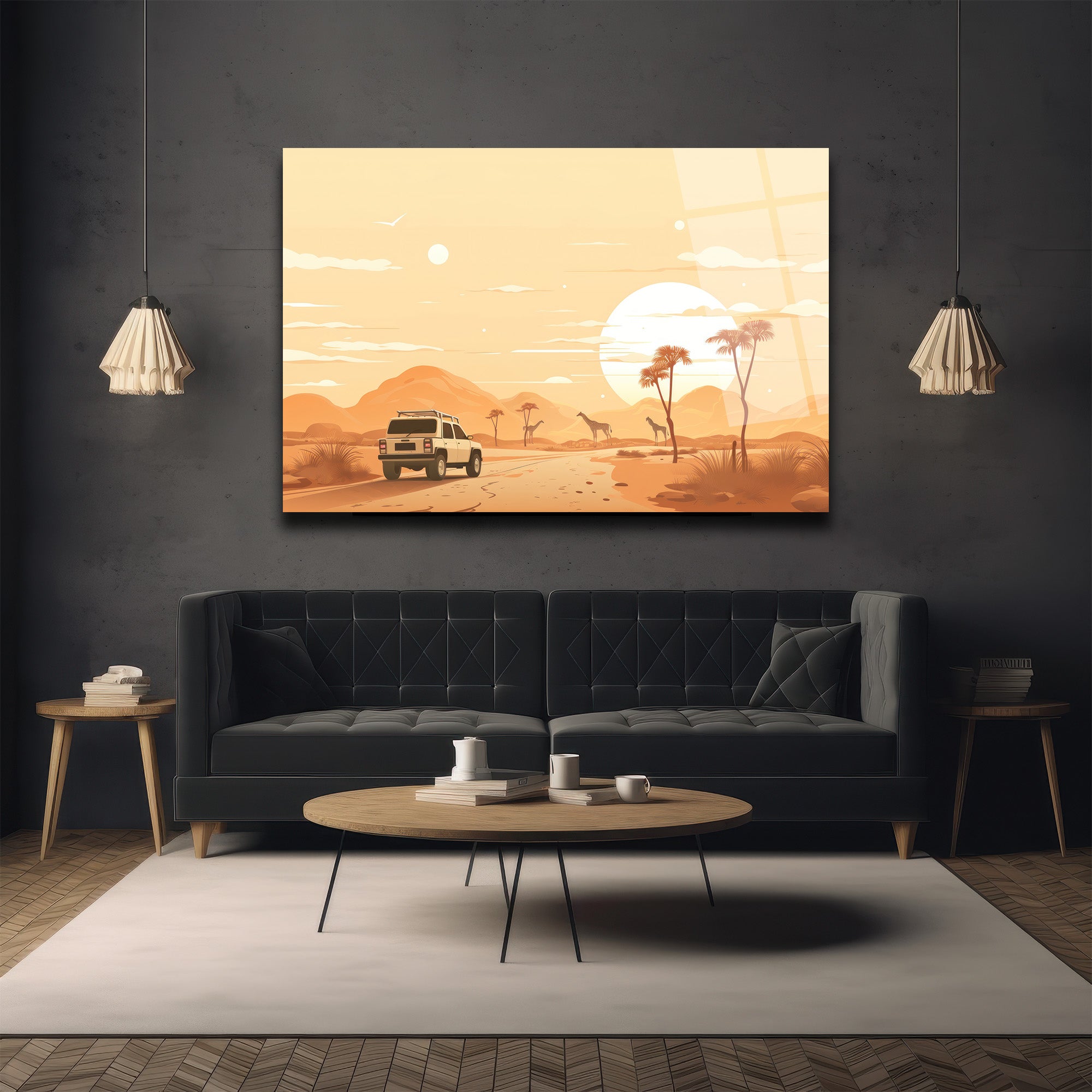 Afrika Safari Gün Batımı Manzaralı Modern Cam Tablo