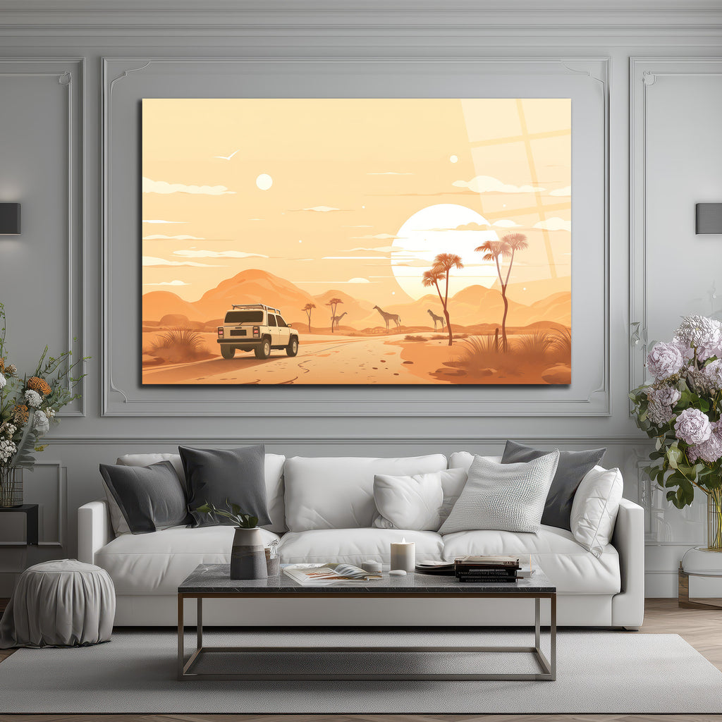 Afrika Safari Gün Batımı Manzaralı Modern Cam Tablo