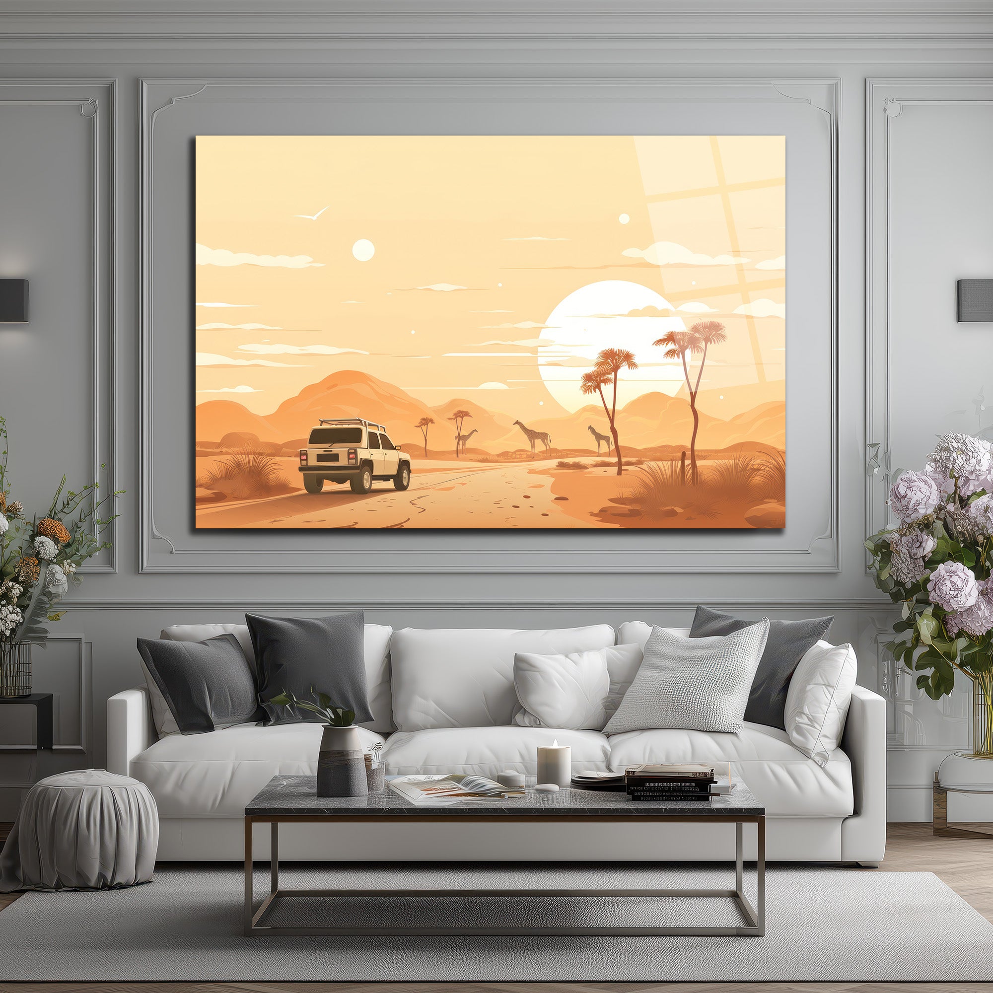 Afrika Safari Gün Batımı Manzaralı Modern Cam Tablo