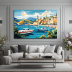 Akdeniz Rüyası Cam Tablo - Huzurlu Sahil Kasabası ve Tekneler