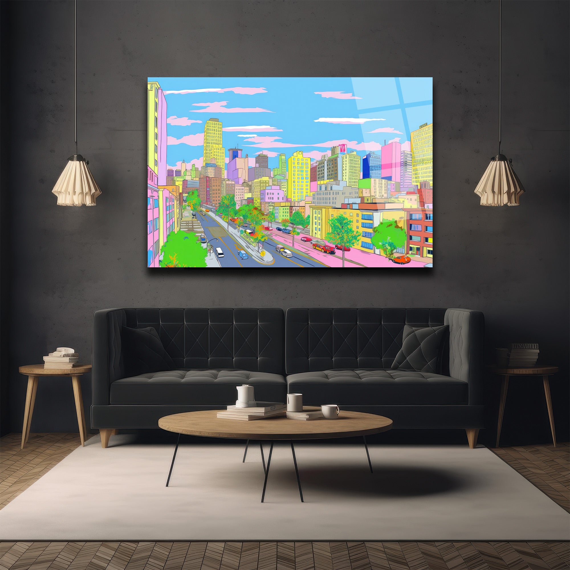 Pastel Rüyaların Şehri Cam Tablo - Modern Şehir Manzarası