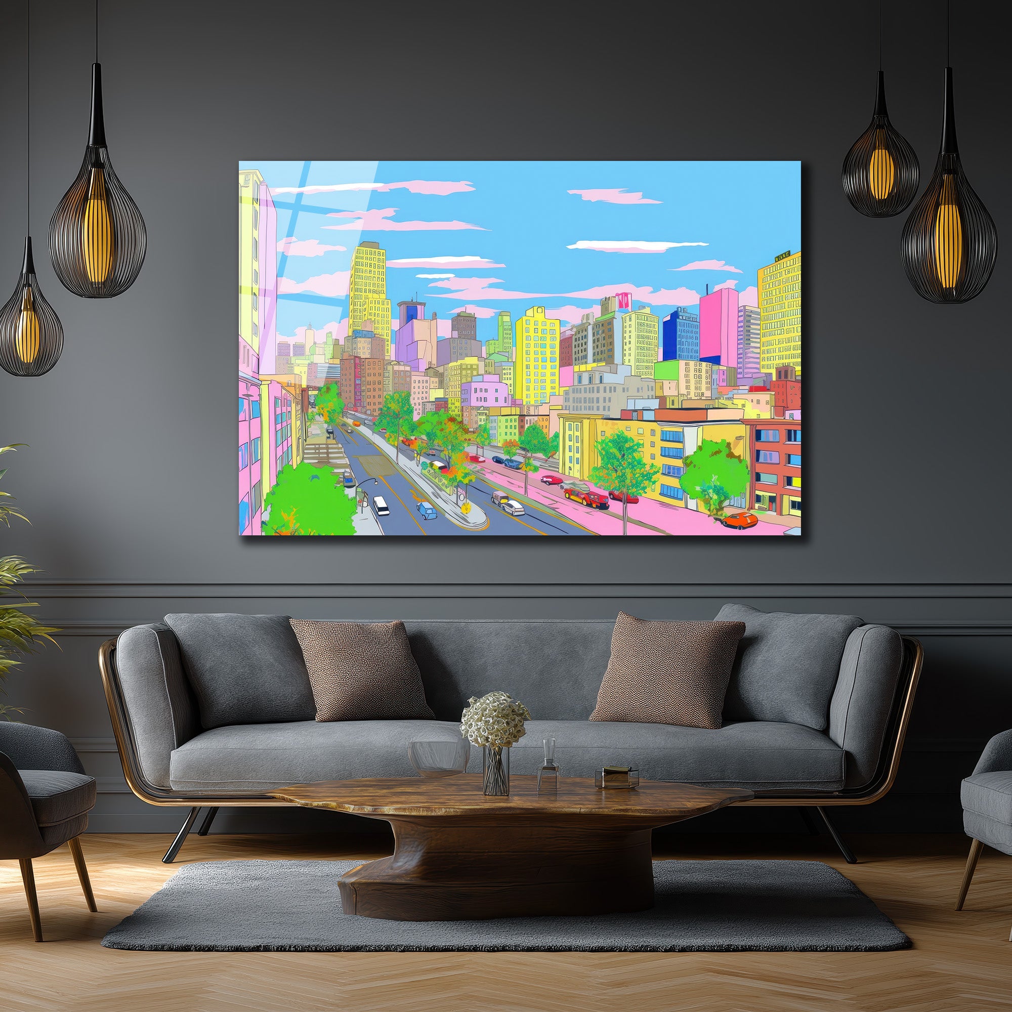 Pastel Rüyaların Şehri Cam Tablo - Modern Şehir Manzarası
