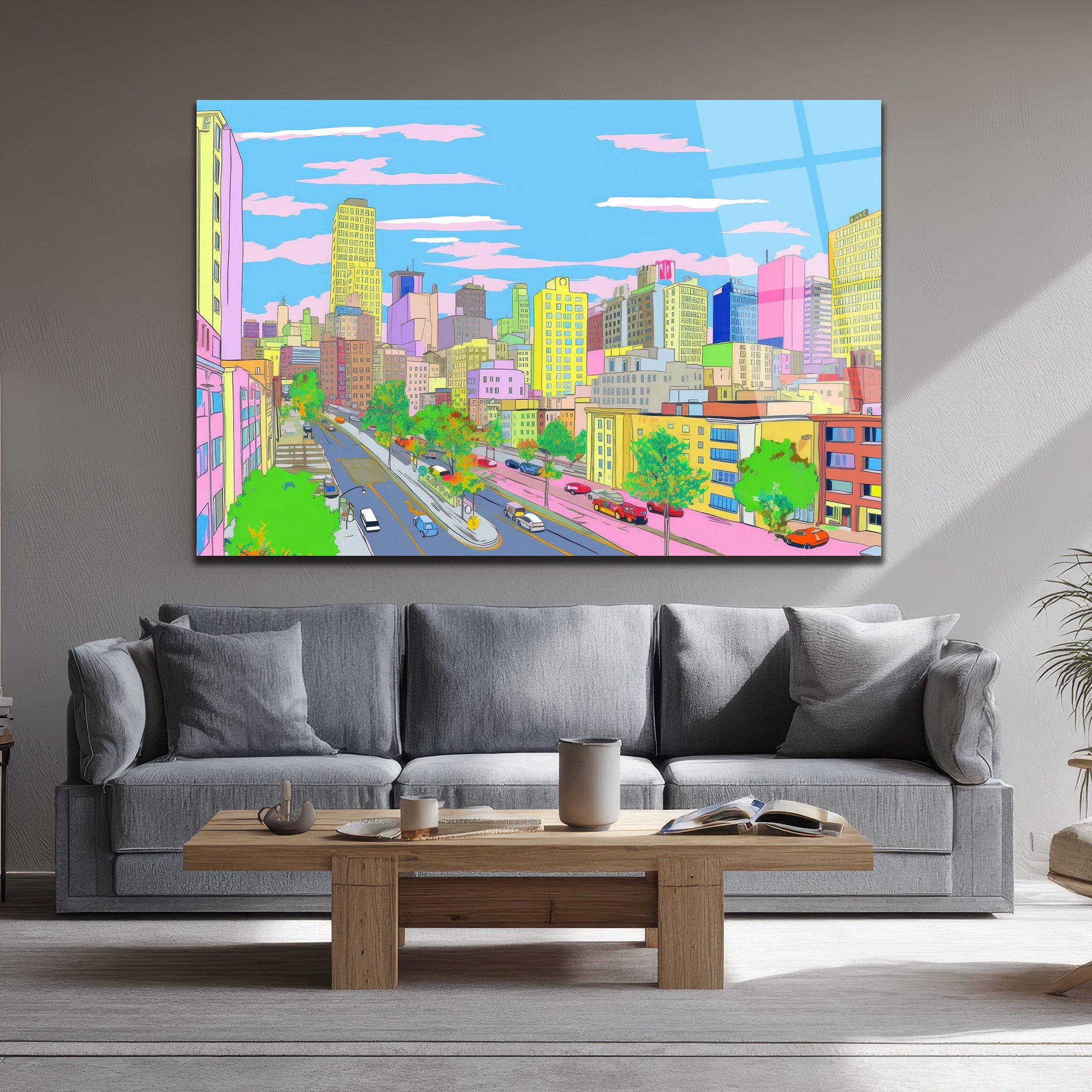 Pastel Rüyaların Şehri Cam Tablo - Modern Şehir Manzarası