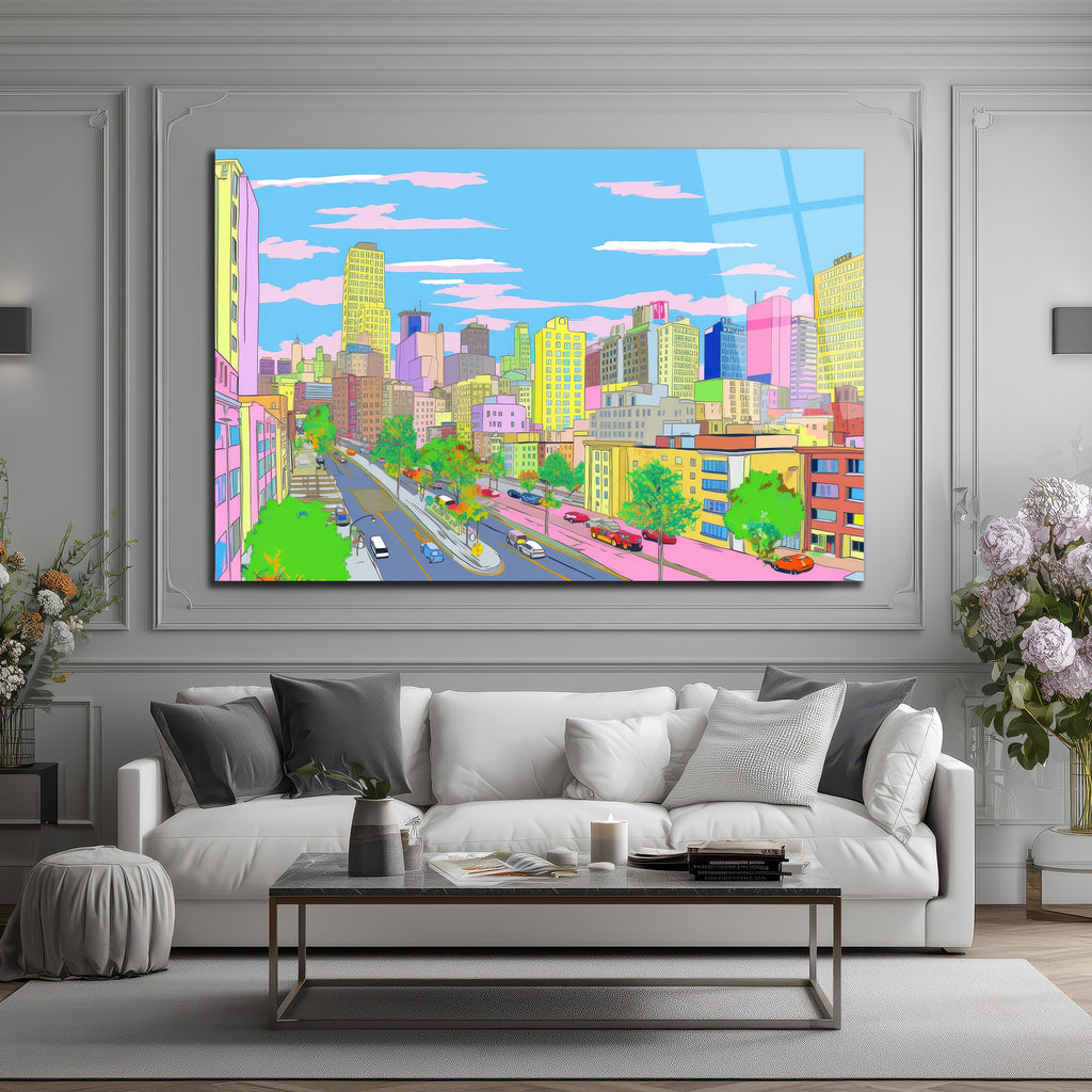 Pastel Rüyaların Şehri Cam Tablo - Modern Şehir Manzarası