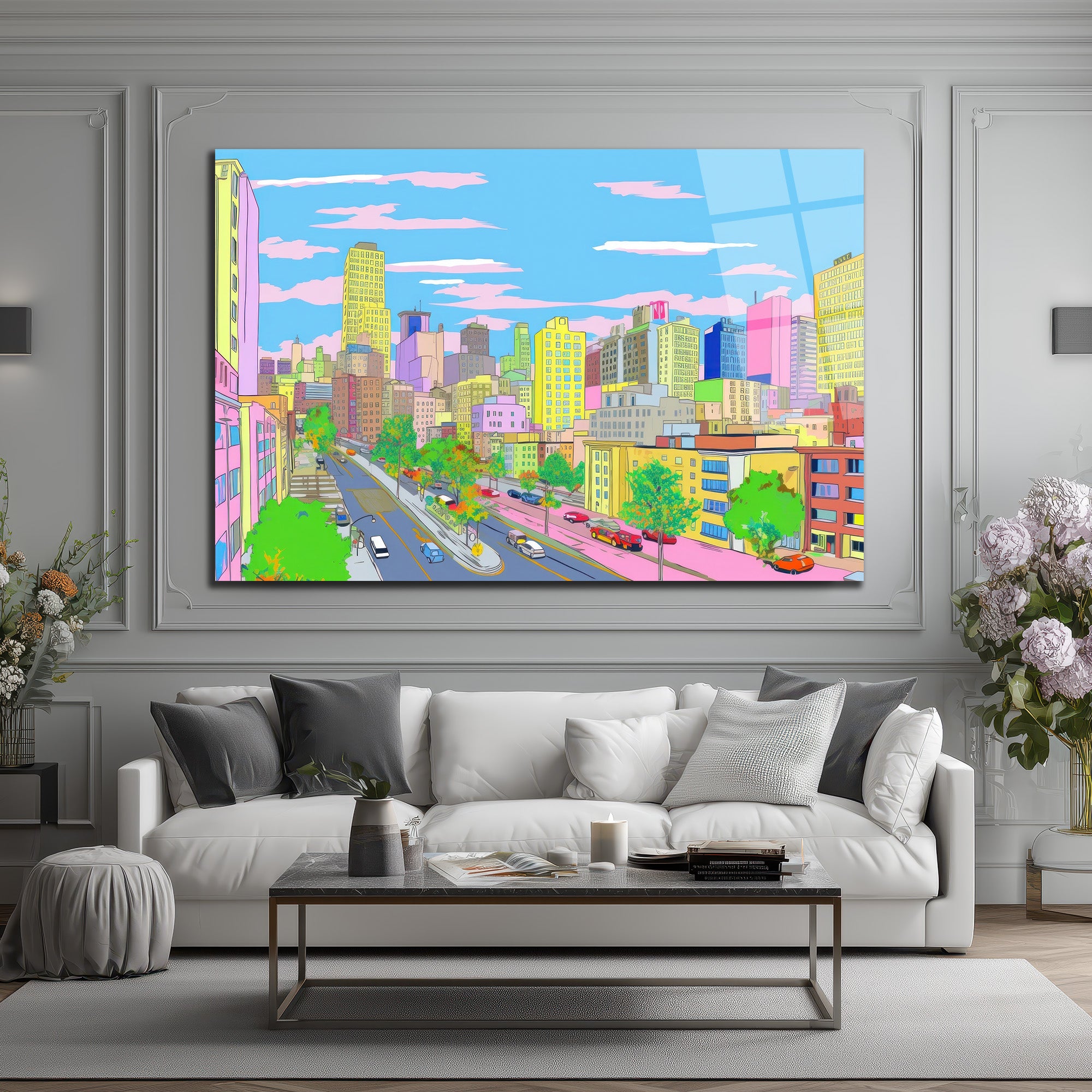 Pastel Rüyaların Şehri Cam Tablo - Modern Şehir Manzarası