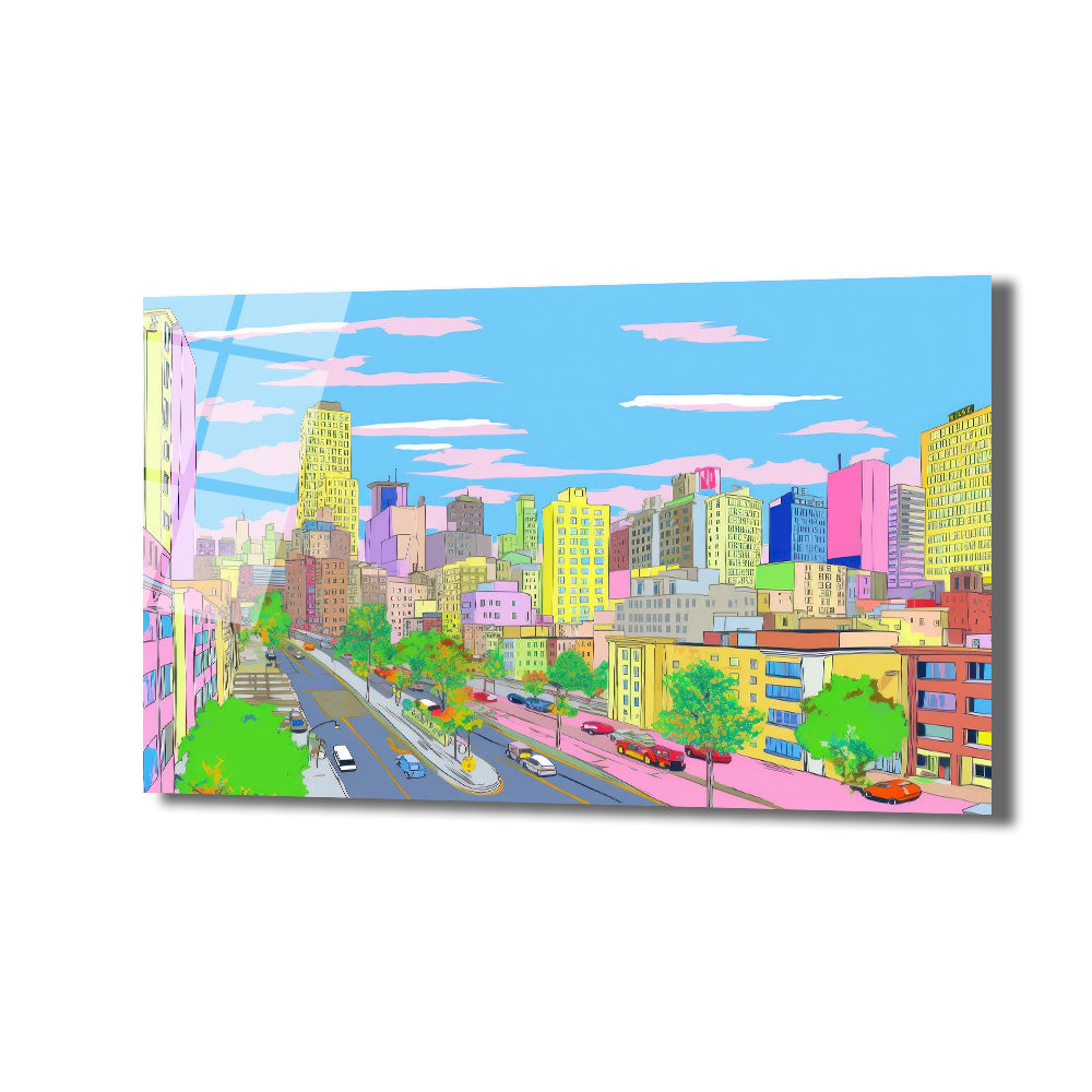 Canlı pastel tonlarda, modern ve stilize edilmiş binaların, ağaçlıklı bir caddenin ve üzerinde hareket eden arabaların yer aldığı dinamik bir şehir manzarası cam tablo. Gökyüzü açık mavi ve pembe bulutlarla süslü.