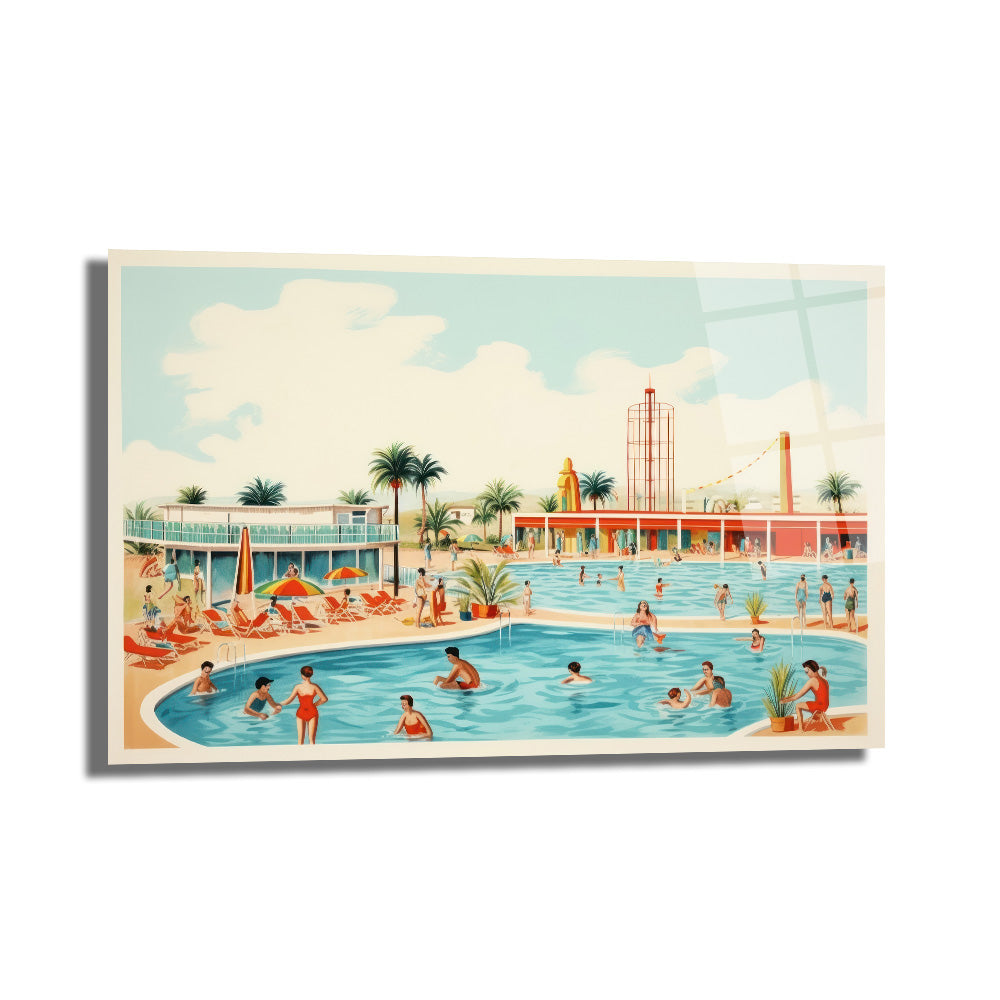 Retro Yaz Havuzu Cam Tablo - Sonsuz Tatil Coşkusu