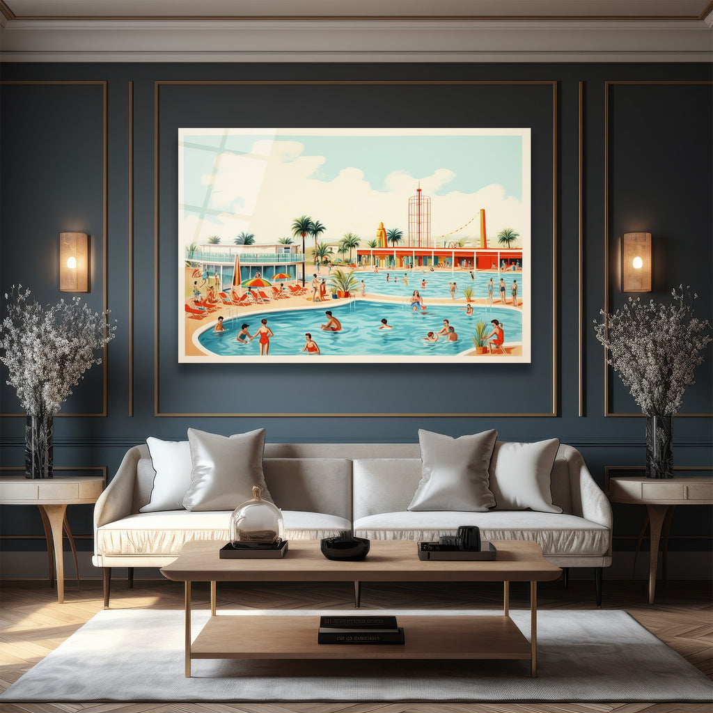 Retro Yaz Havuzu Cam Tablo - Sonsuz Tatil Coşkusu