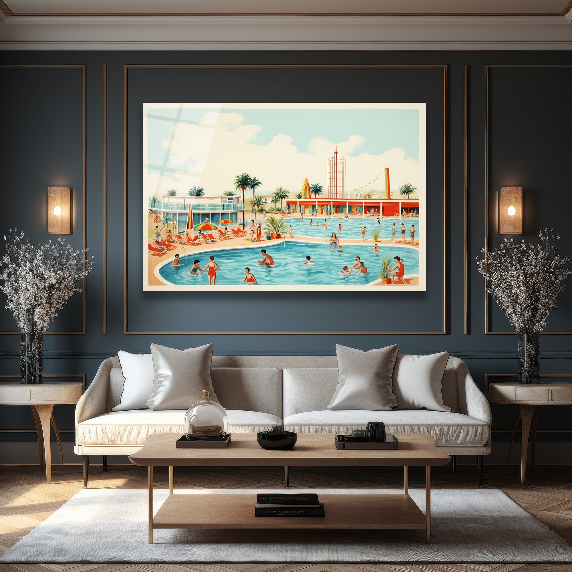 Retro Yaz Havuzu Cam Tablo - Sonsuz Tatil Coşkusu