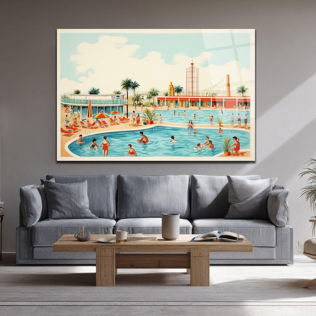 Retro Yaz Havuzu Cam Tablo - Sonsuz Tatil Coşkusu