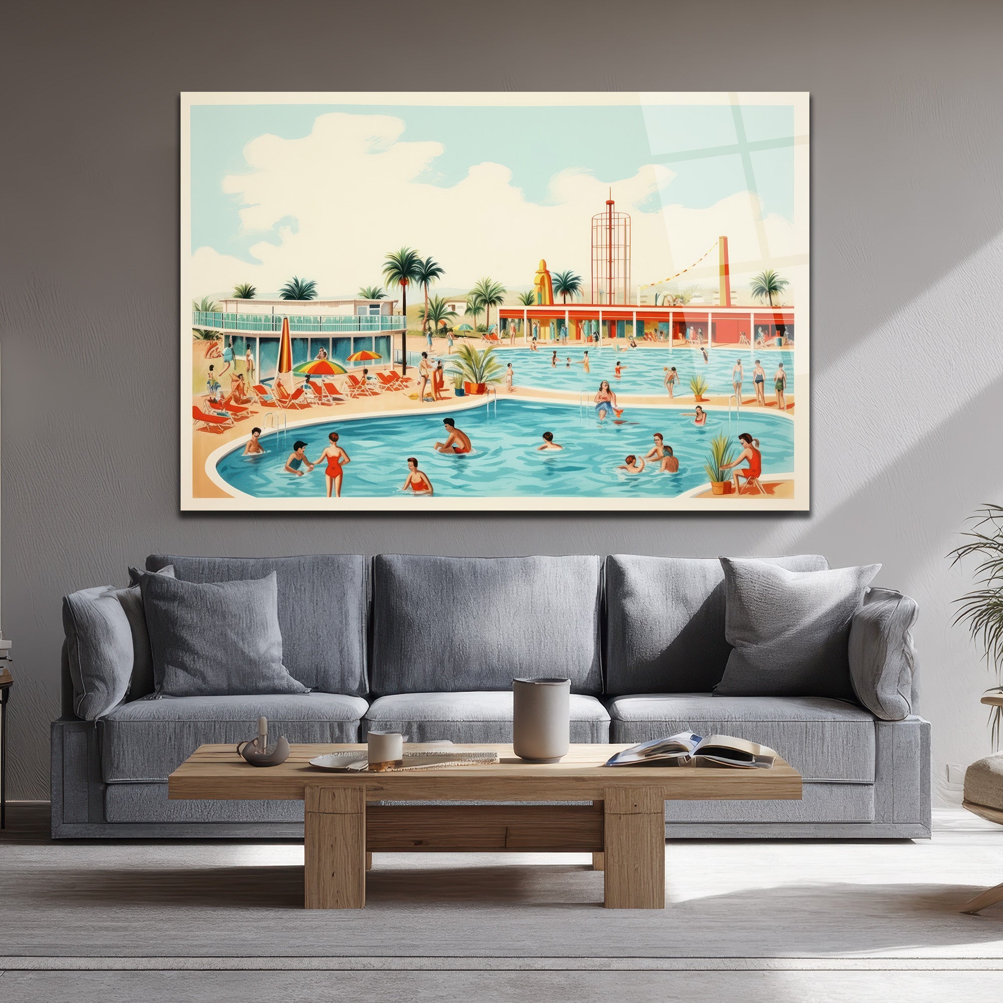 Retro Yaz Havuzu Cam Tablo - Sonsuz Tatil Coşkusu
