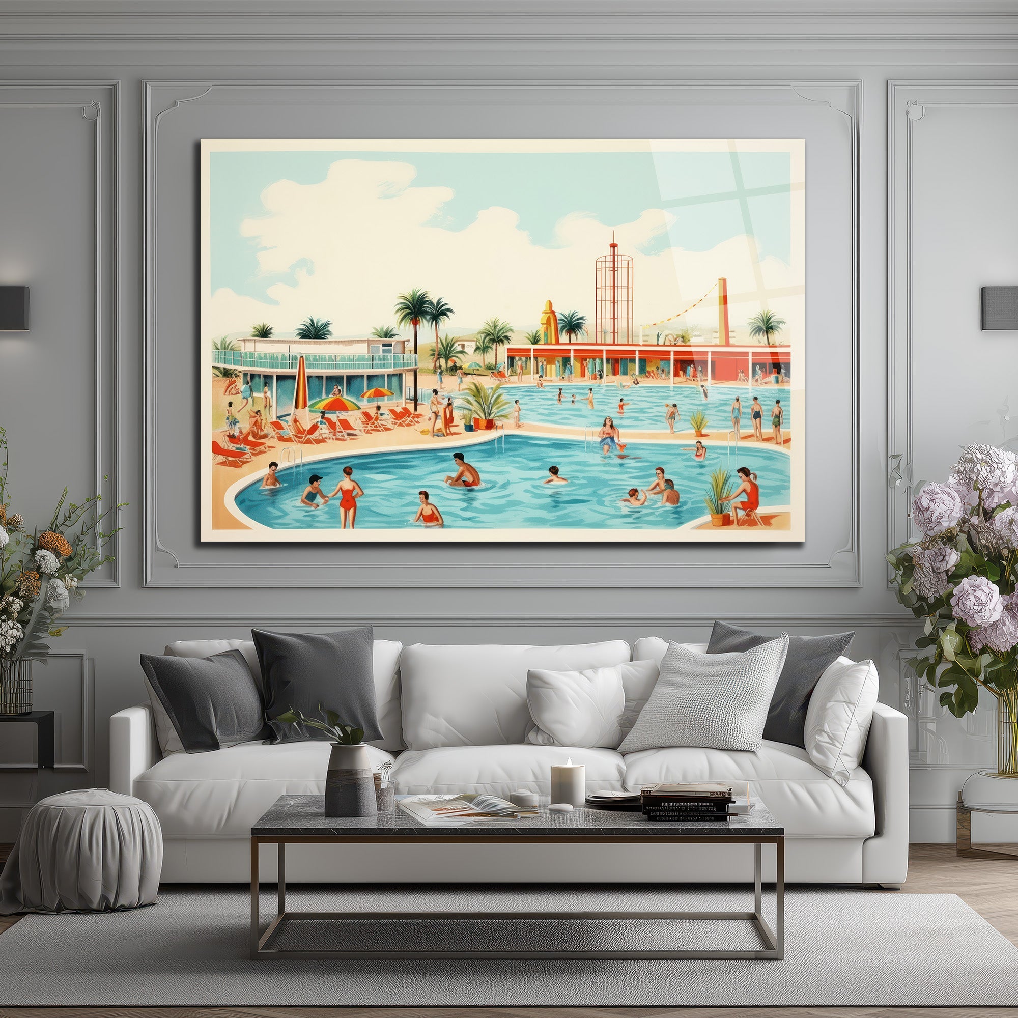 Retro Yaz Havuzu Cam Tablo - Sonsuz Tatil Coşkusu