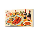 Şık bir sofrada kırmızı balıklar, şaraplar, soslar ve taze sebzelerle dolu, retro illüstrasyon tarzında bir yemek masası cam tablo.