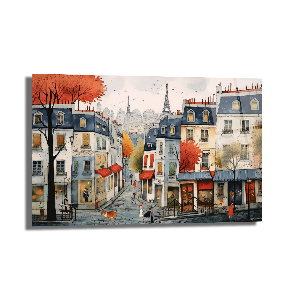 Paris Sokakları Romantizmi Cam Tablo - Eyfel Manzaralı Sonbahar Havası