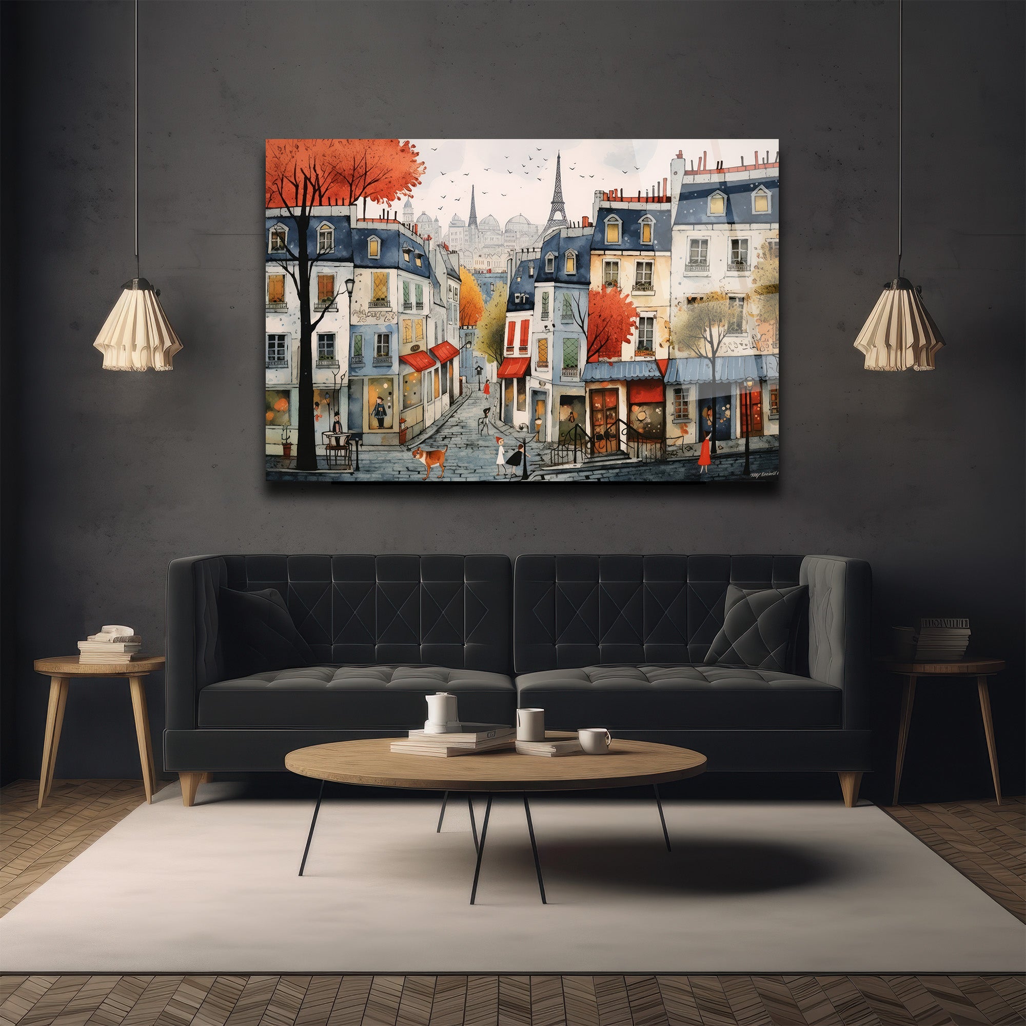 Paris Sokakları Romantizmi Cam Tablo - Eyfel Manzaralı Sonbahar Havası