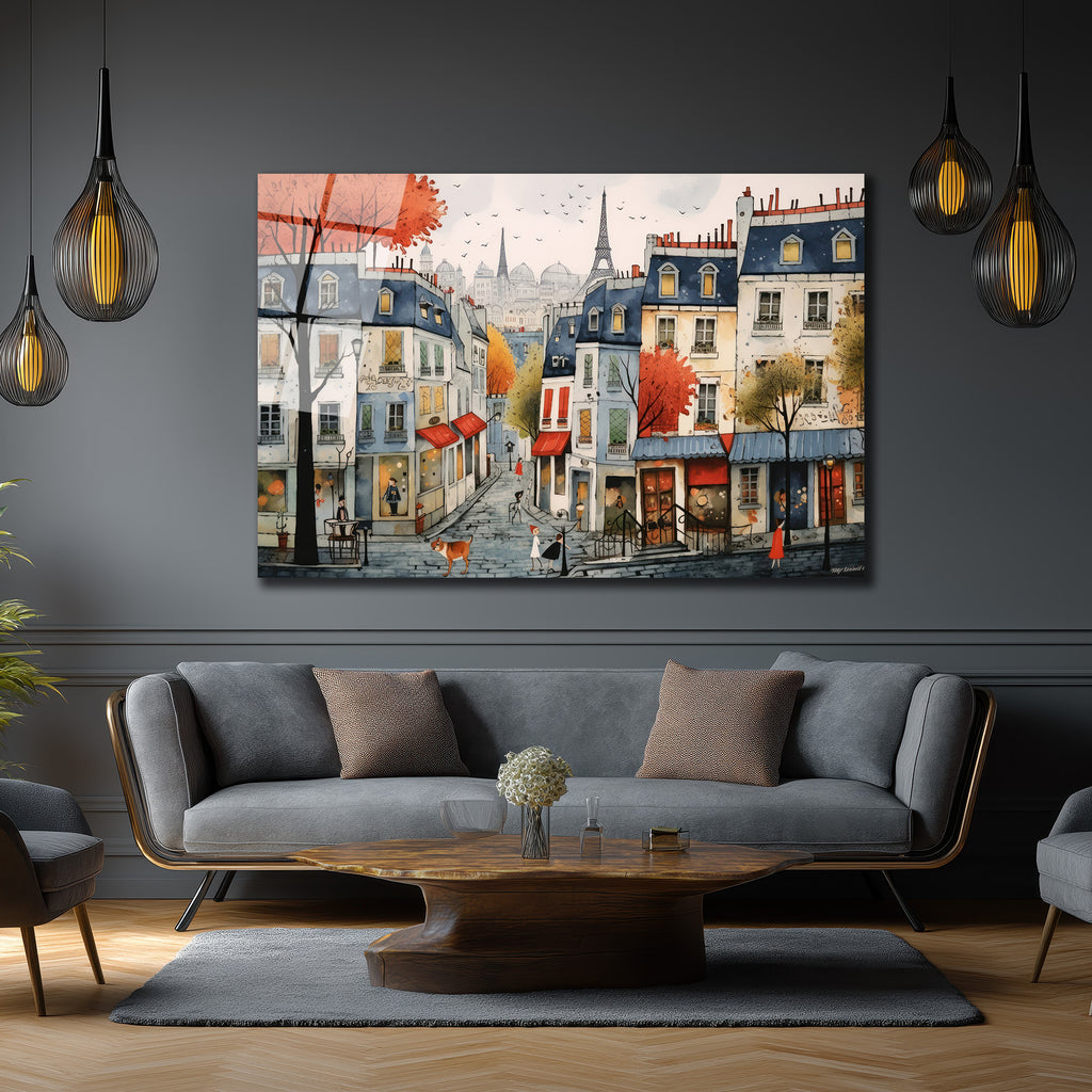 Paris Sokakları Romantizmi Cam Tablo - Eyfel Manzaralı Sonbahar Havası