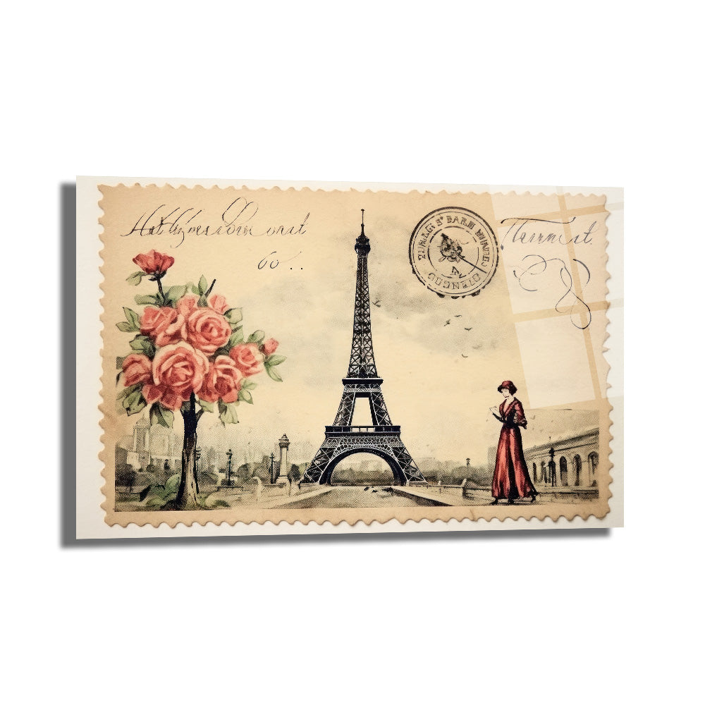 Vintage Paris Eyfel Kulesi ve Kırmızı Güllü Cam Tablo
