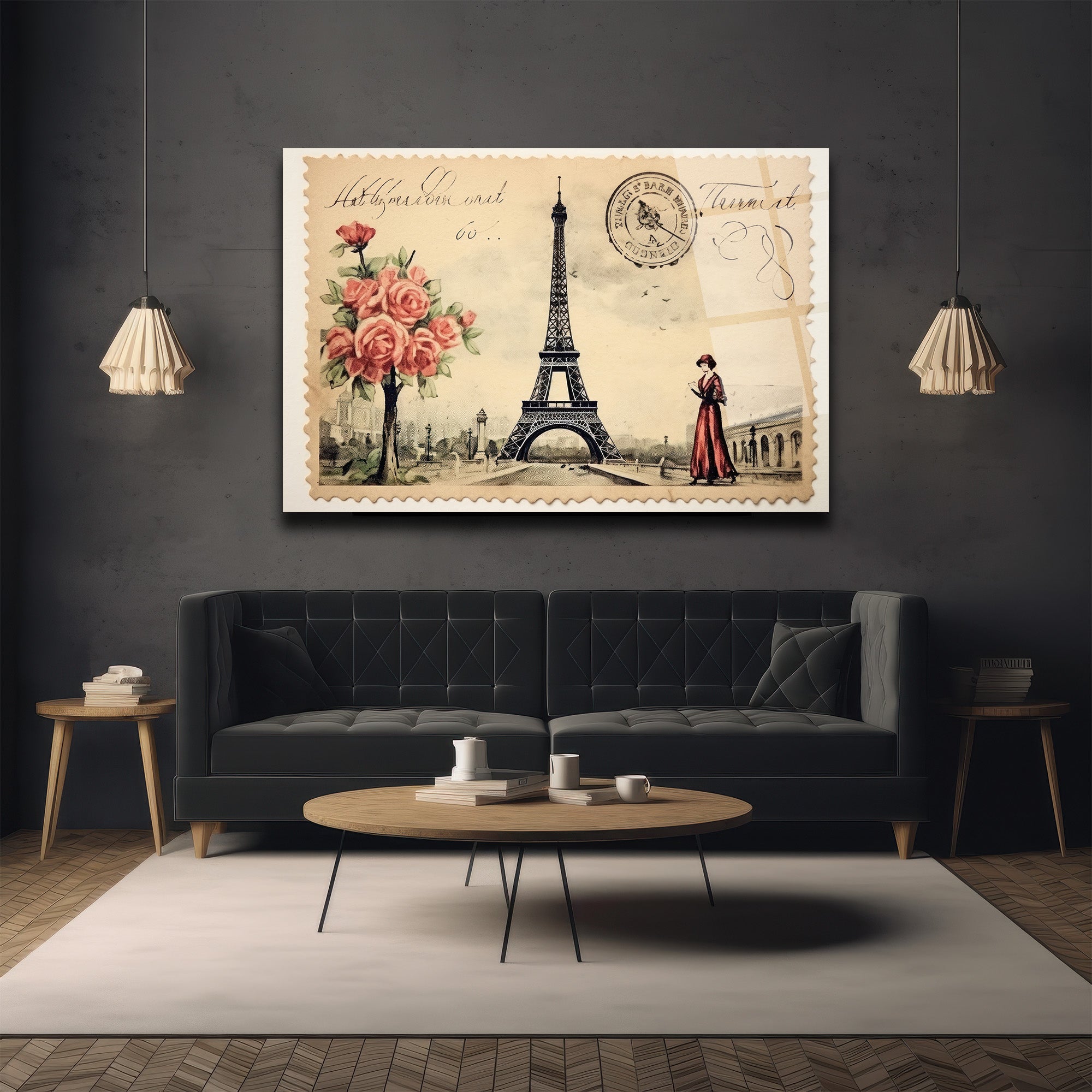 Vintage Paris Eyfel Kulesi ve Kırmızı Güllü Cam Tablo