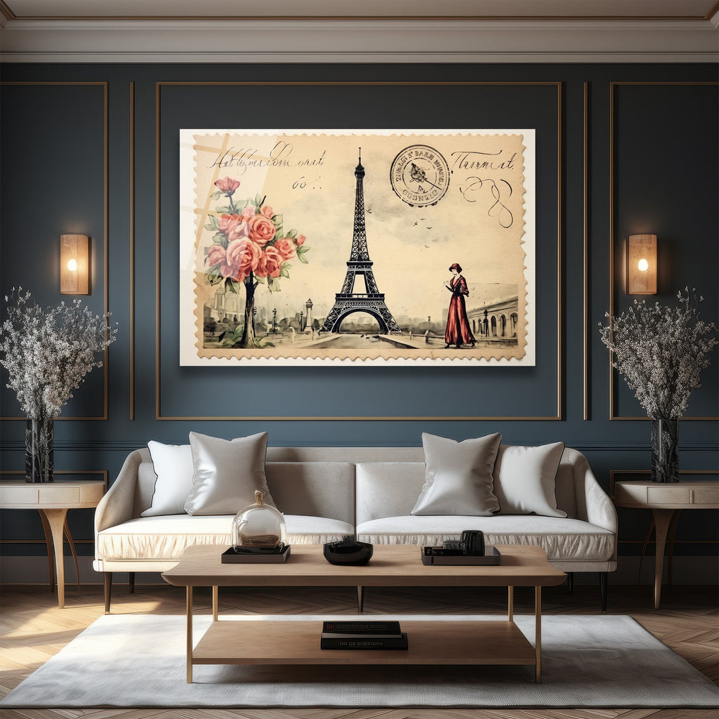 Vintage Paris Eyfel Kulesi ve Kırmızı Güllü Cam Tablo