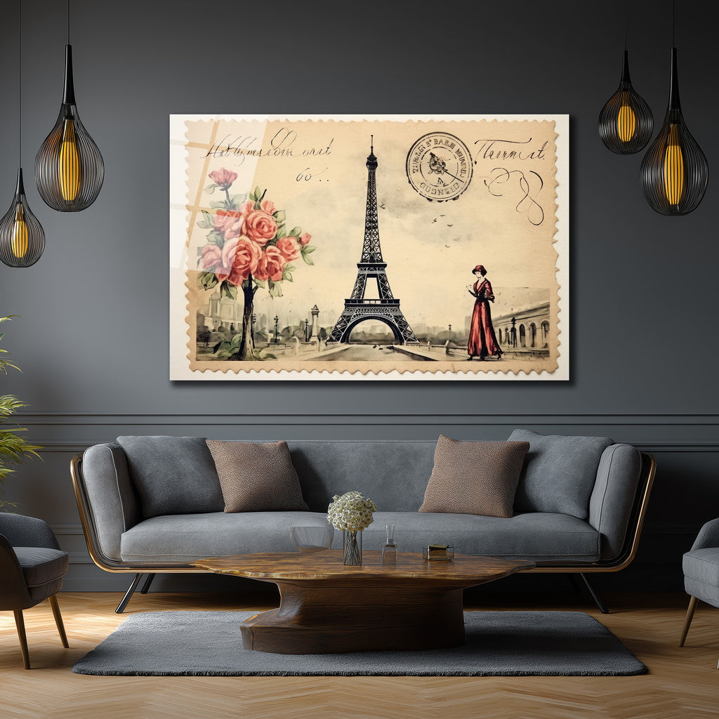 Vintage Paris Eyfel Kulesi ve Kırmızı Güllü Cam Tablo
