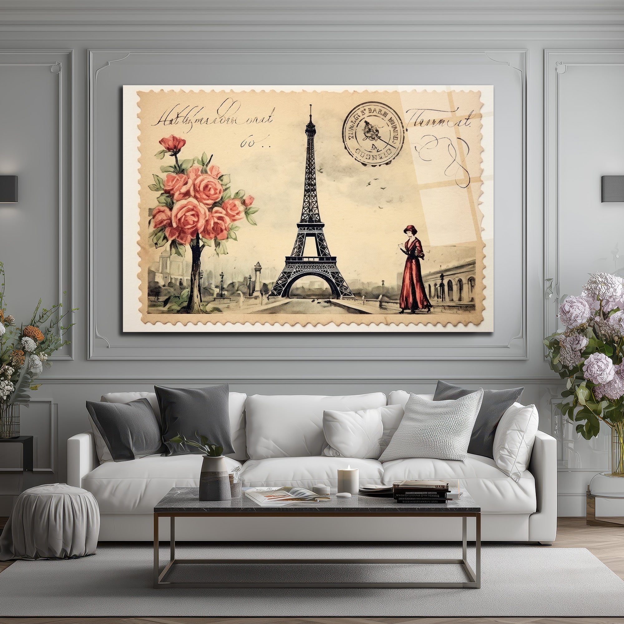 Vintage Paris Eyfel Kulesi ve Kırmızı Güllü Cam Tablo