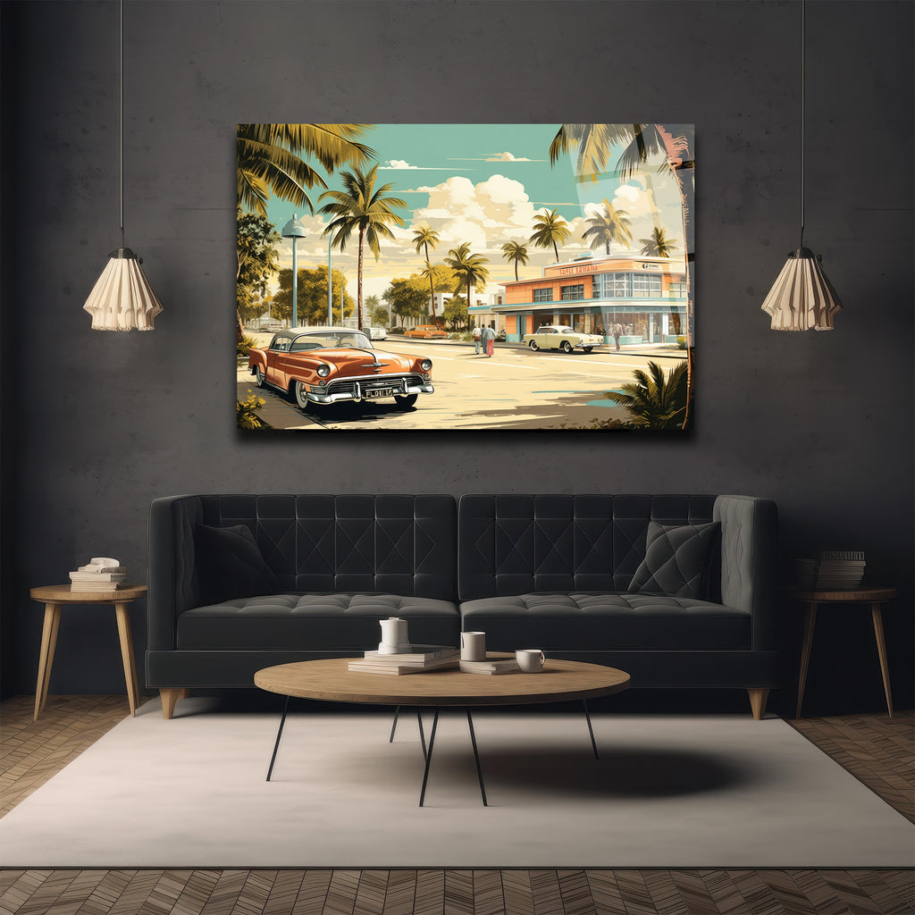 Miami Esintisi Retro Klasik Arabalar Cam Tablo