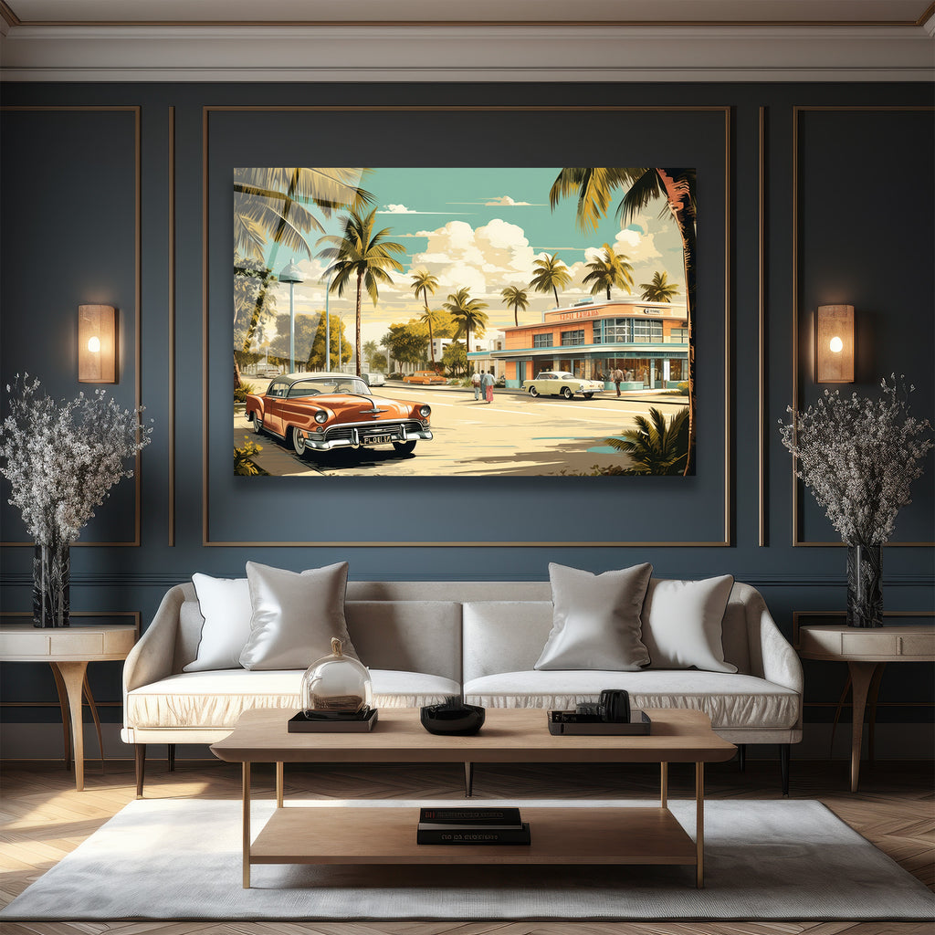 Miami Esintisi Retro Klasik Arabalar Cam Tablo