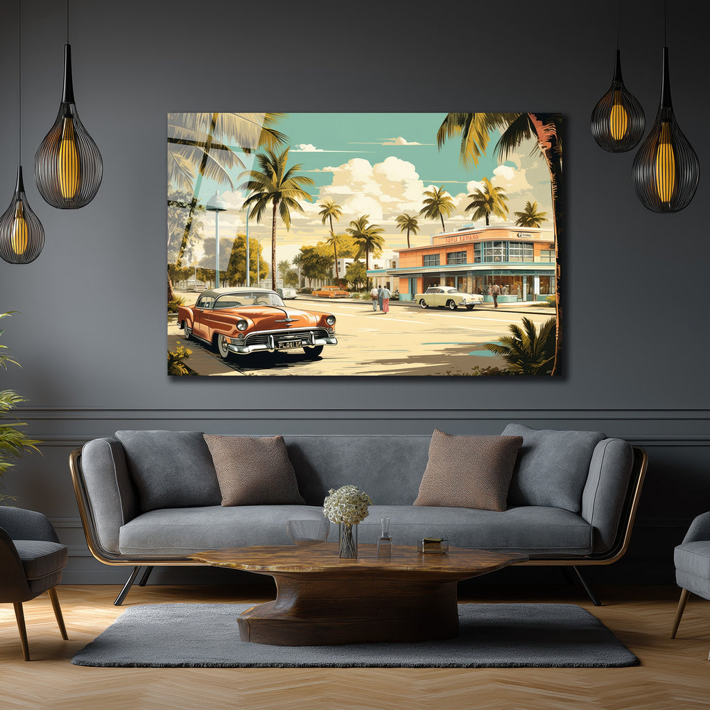 Miami Esintisi Retro Klasik Arabalar Cam Tablo
