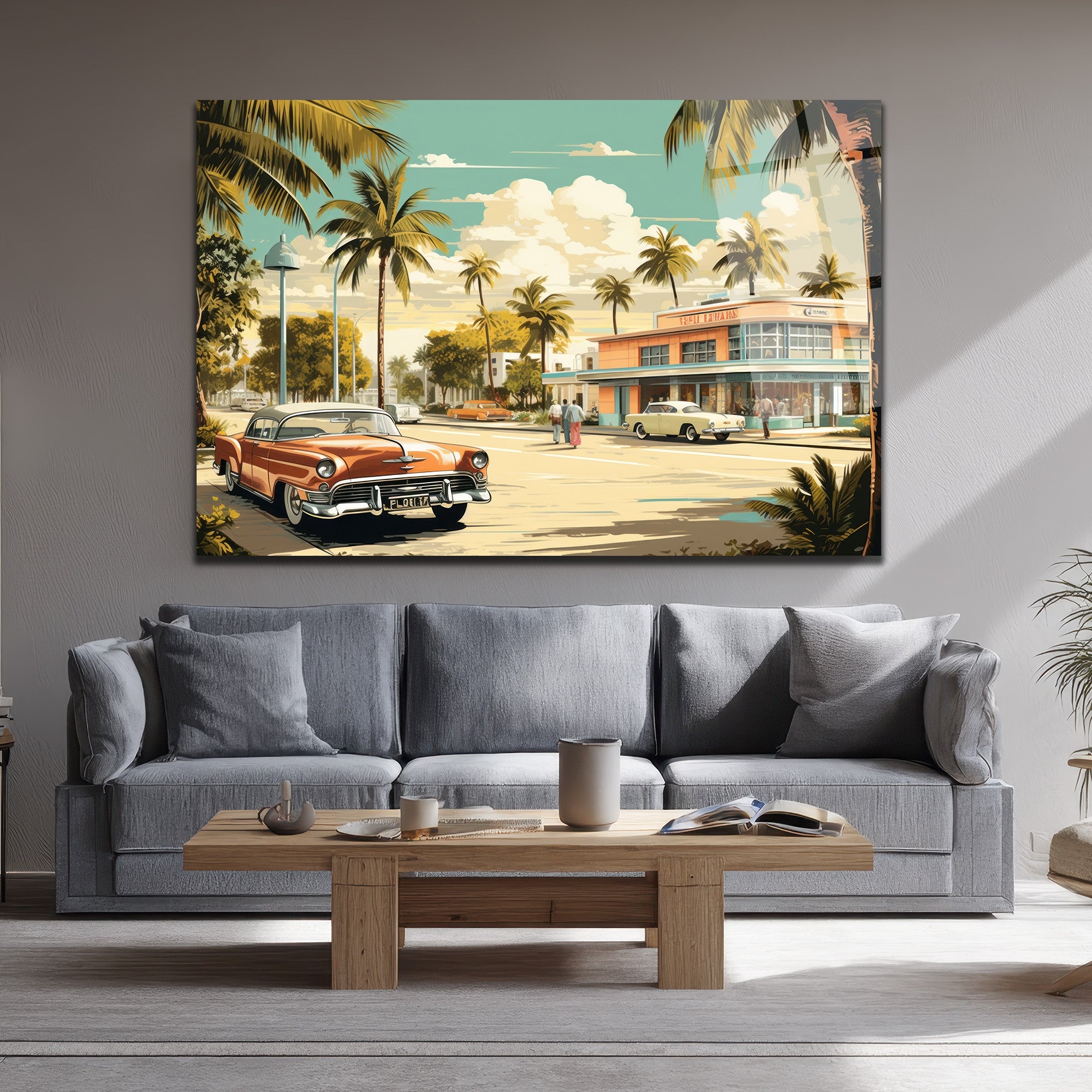 Miami Esintisi Retro Klasik Arabalar Cam Tablo