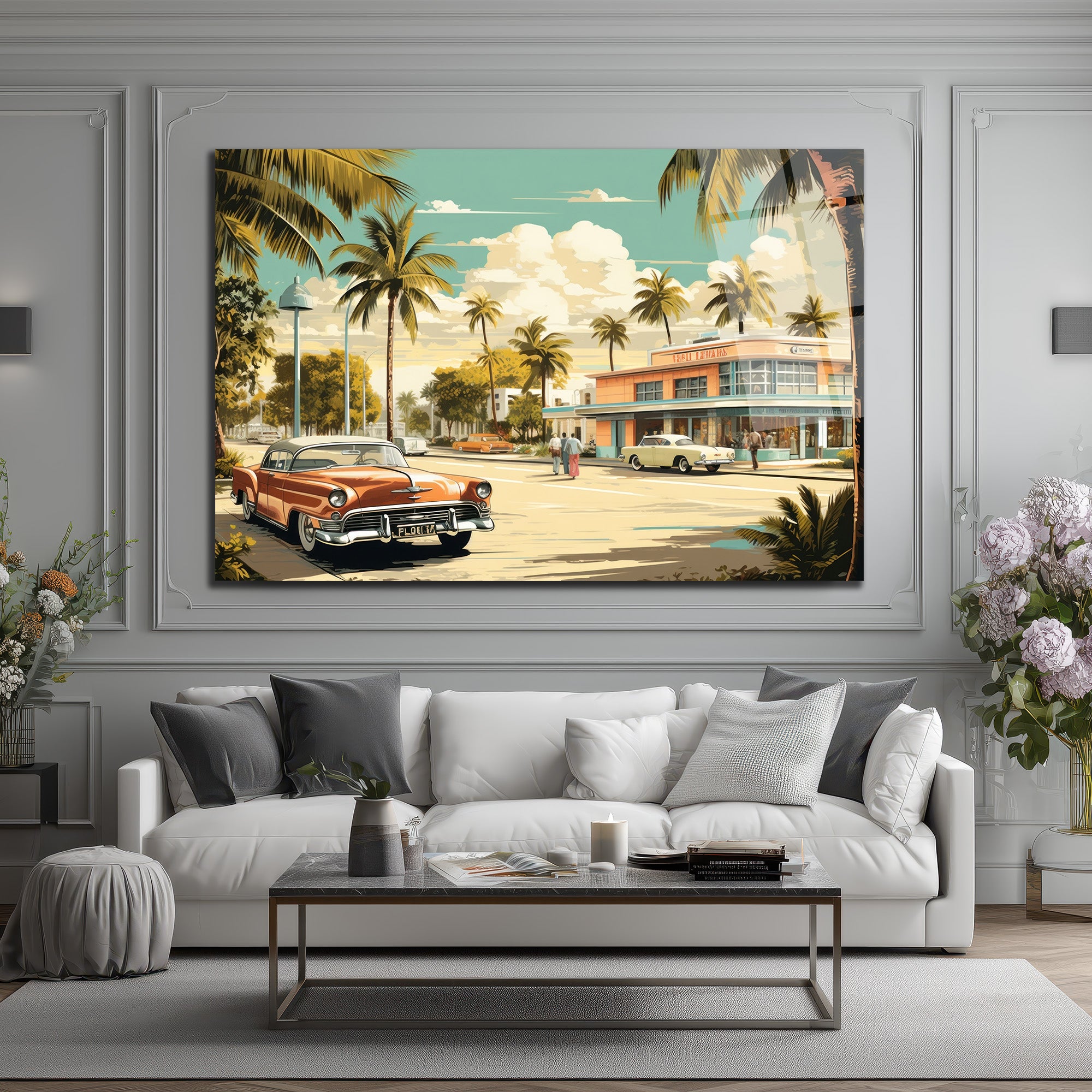 Miami Esintisi Retro Klasik Arabalar Cam Tablo