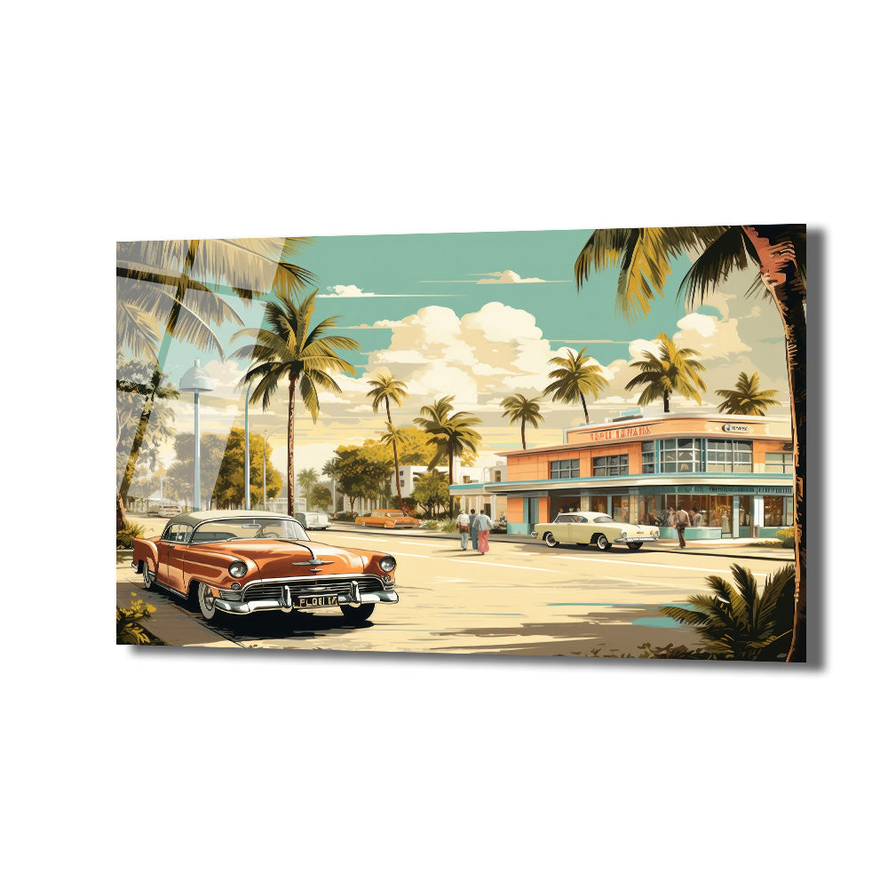 Güneşli bir Miami sahilinde, palmiye ağaçları ve retro binalar arasında park etmiş turuncu klasik bir otomobilin görüldüğü, 1950'ler tarzı illüstrasyon cam tablo.
