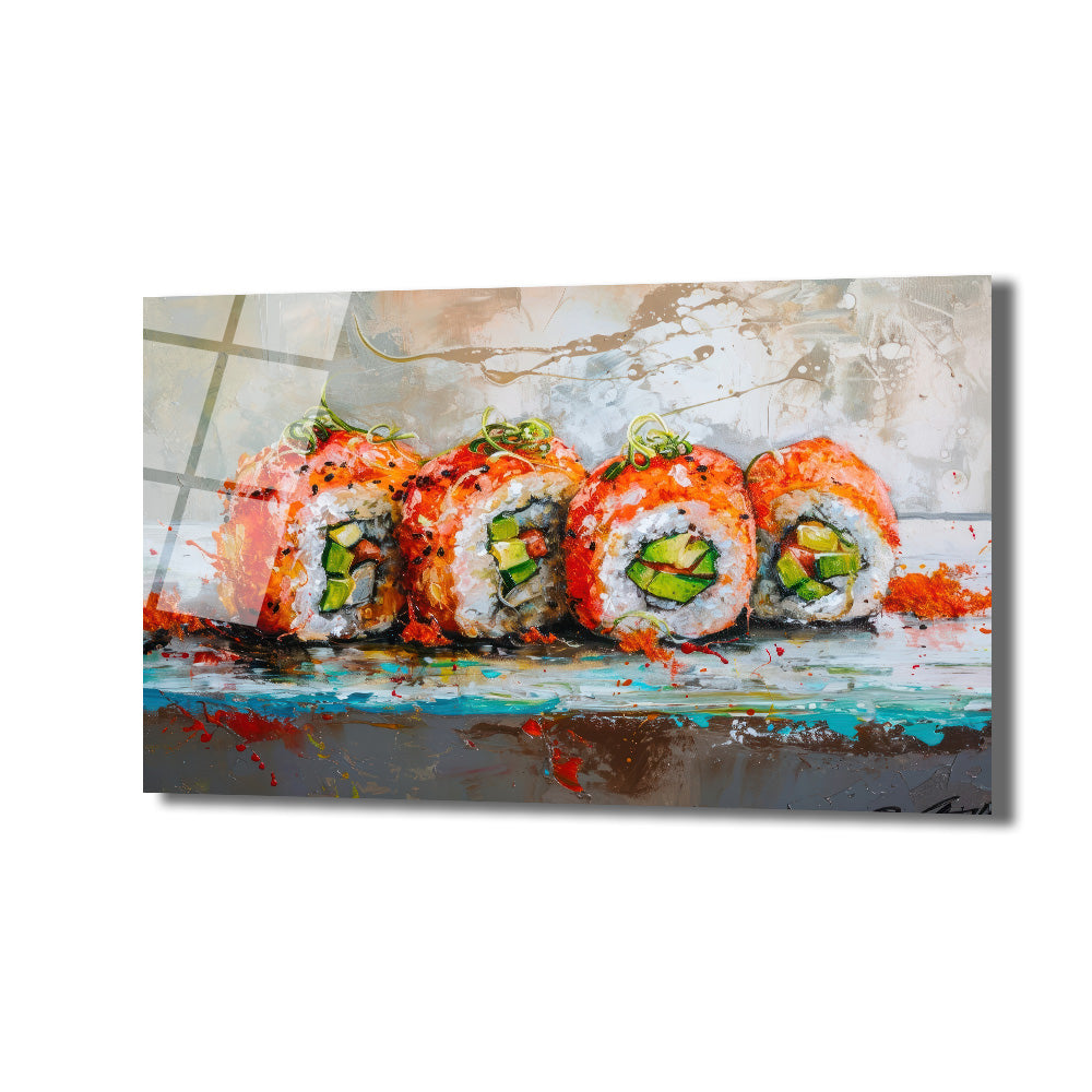 Canlı renklerde, modern sanat stilinde dört adet sushi rulosunun resmedildiği cam tablo. Turuncu havyar ve yeşil avokado detaylarıyla iştah açıcı bir görünüm sunar, arka planda soyut boya sıçramaları bulunur.