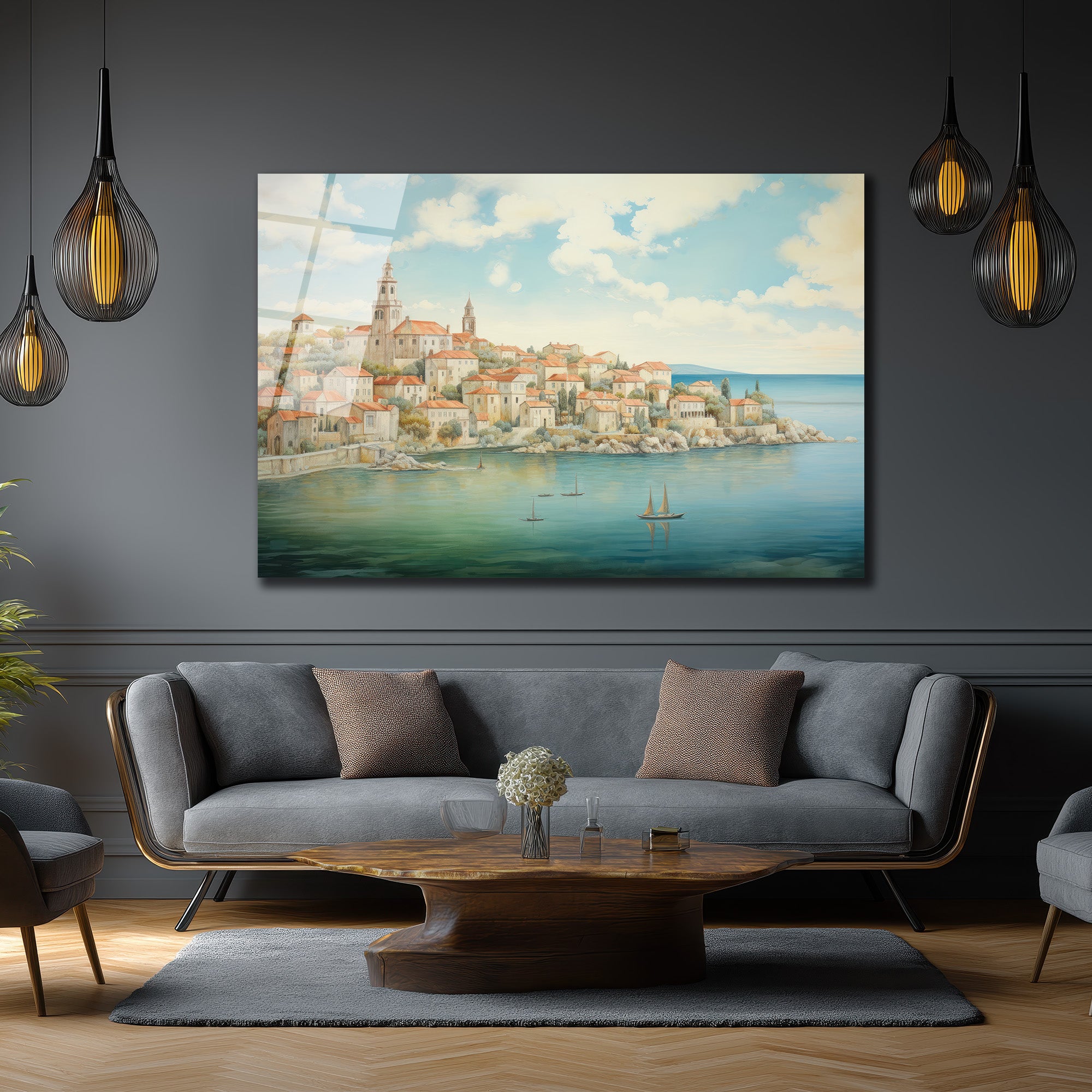 Akdeniz Sahil Kasabası Manzarası Cam Tablo